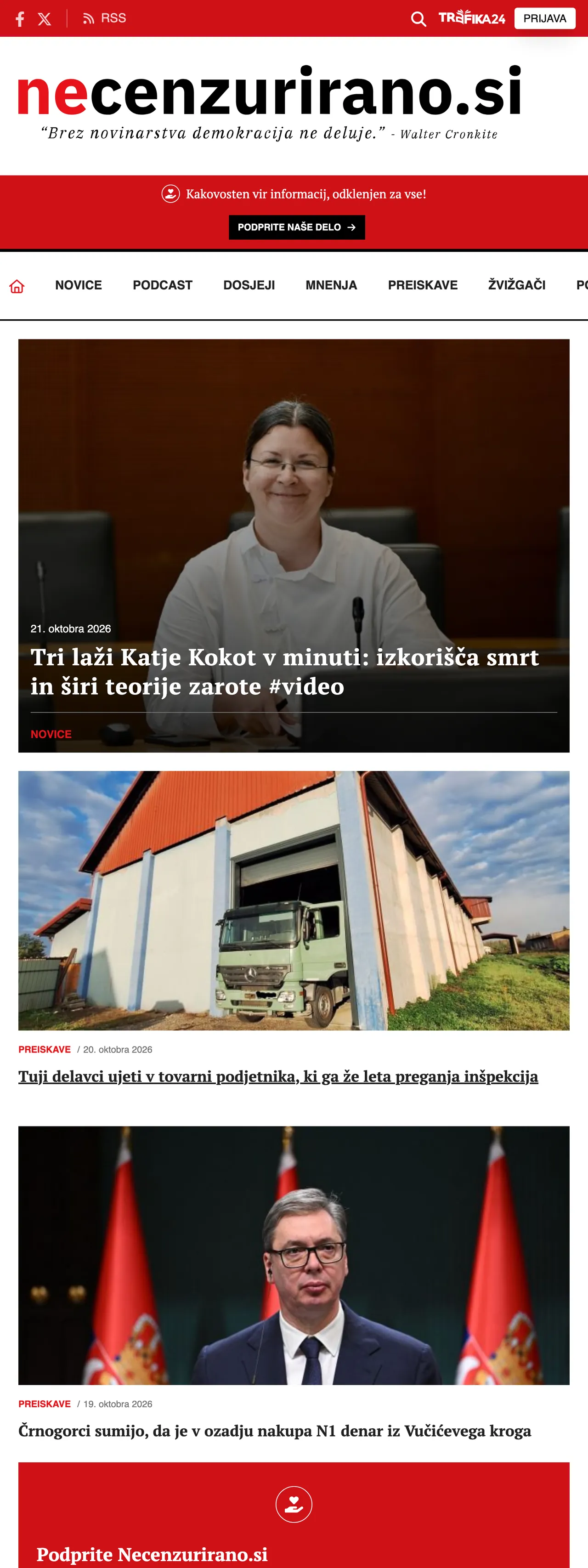 Screenshot of the Necenzurirano front page