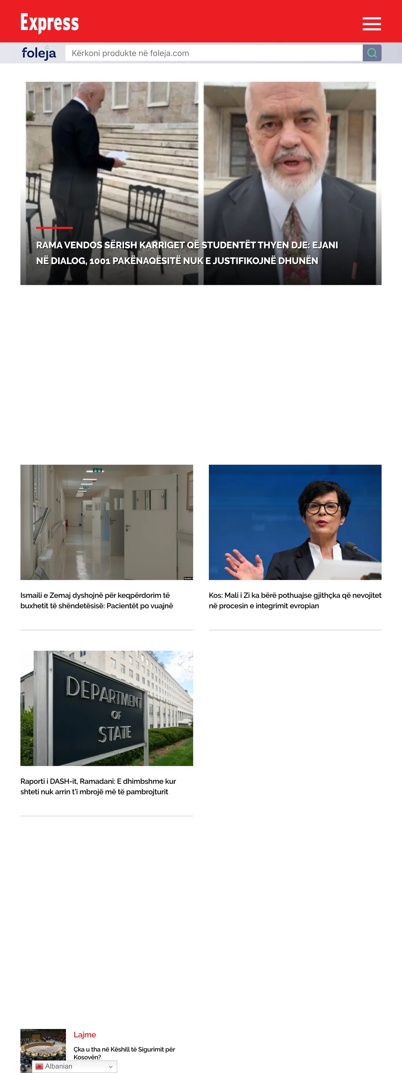 Screenshot of the Gazeta Express front page