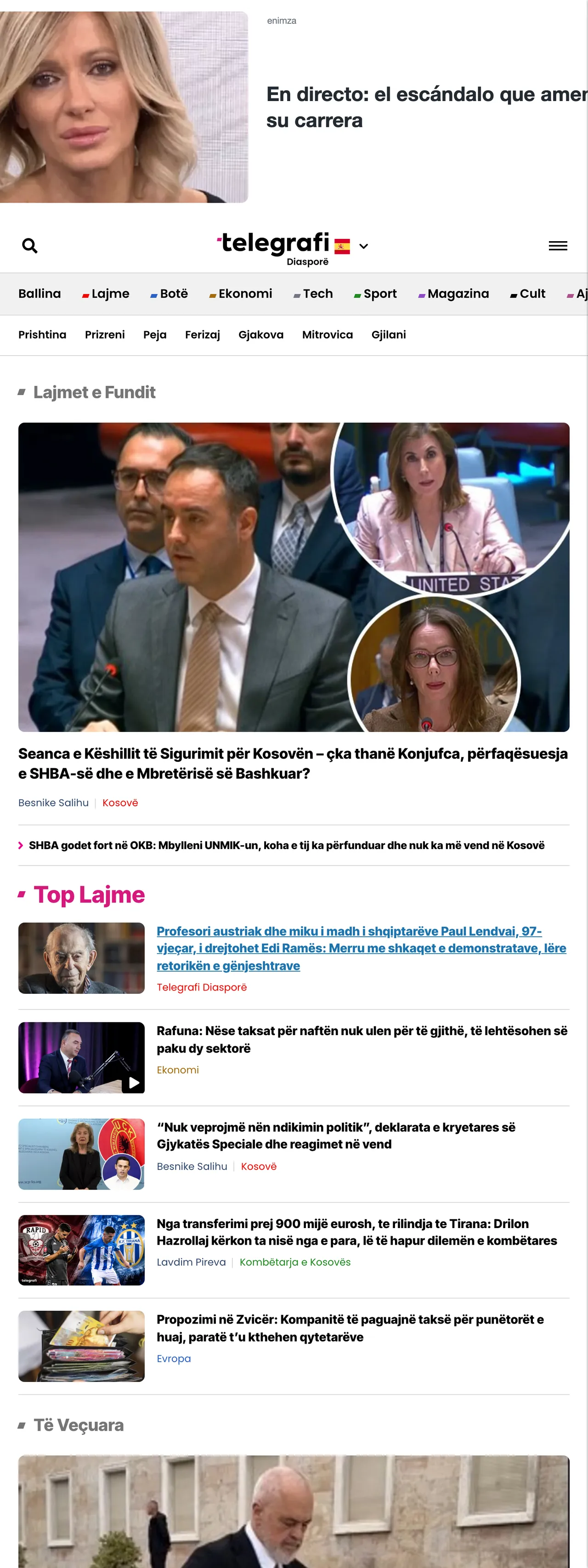 Screenshot of the Telegrafi front page