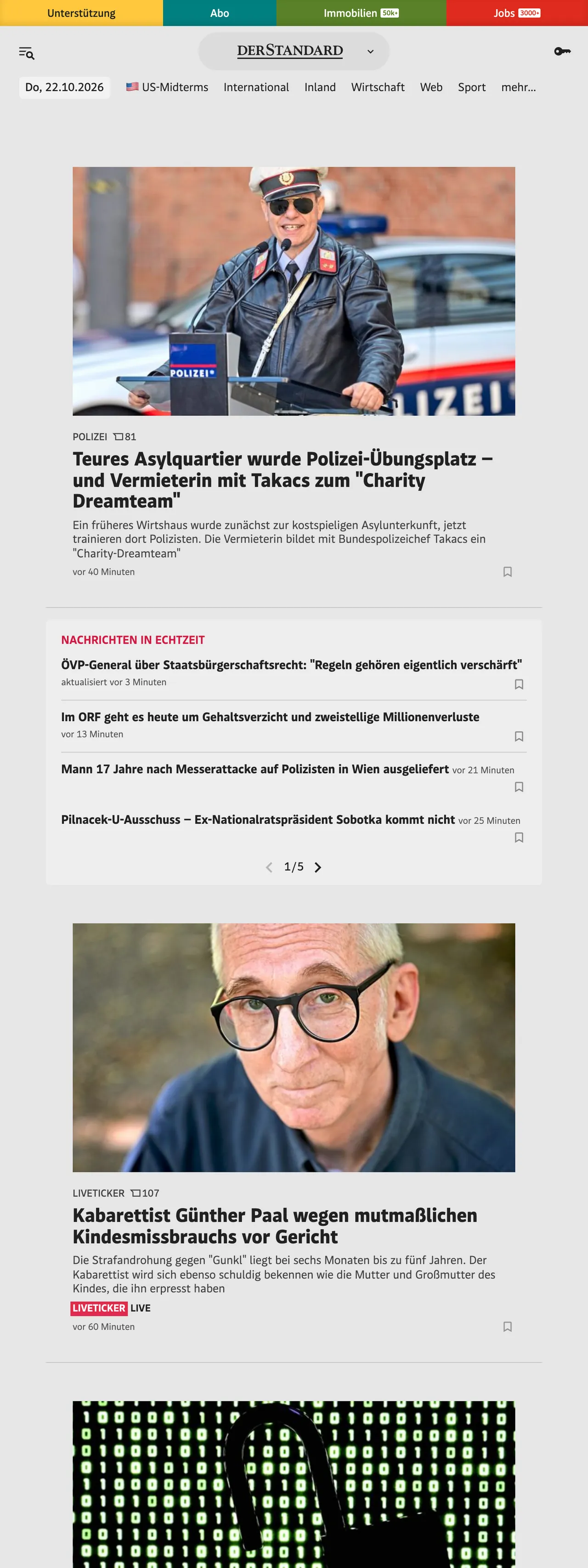 Screenshot of the DER STANDARD front page