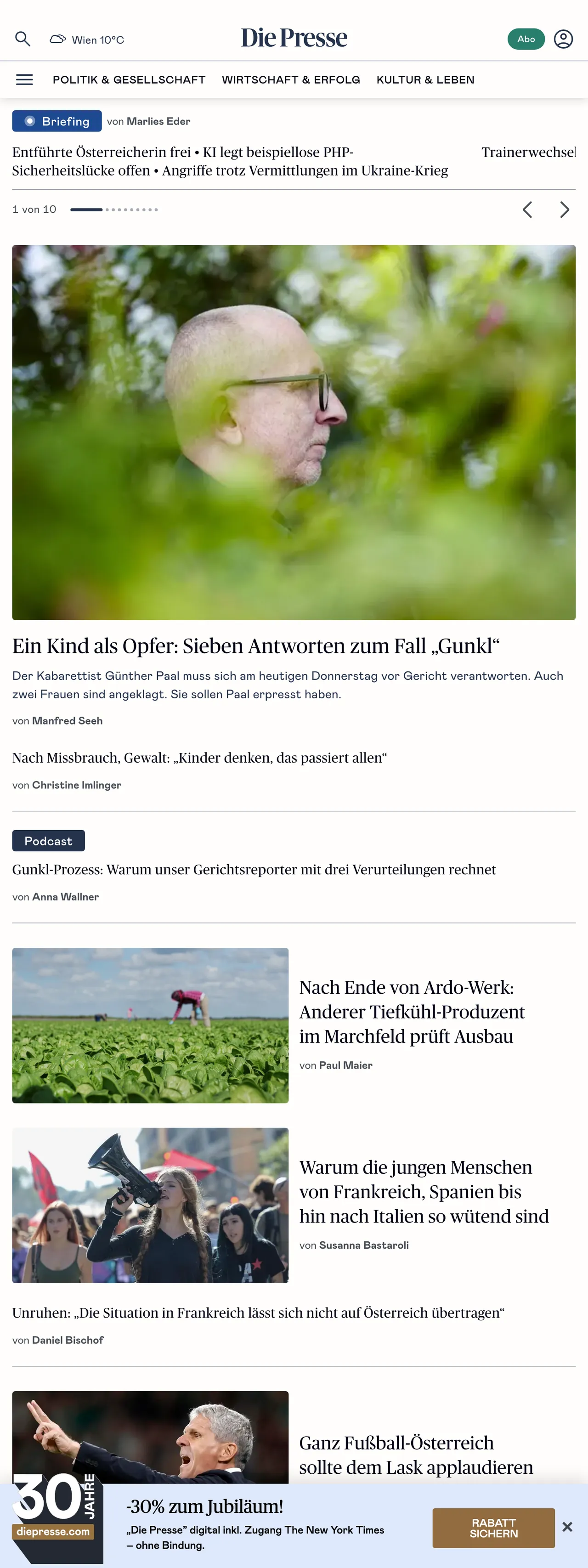 Screenshot of the Die Presse front page