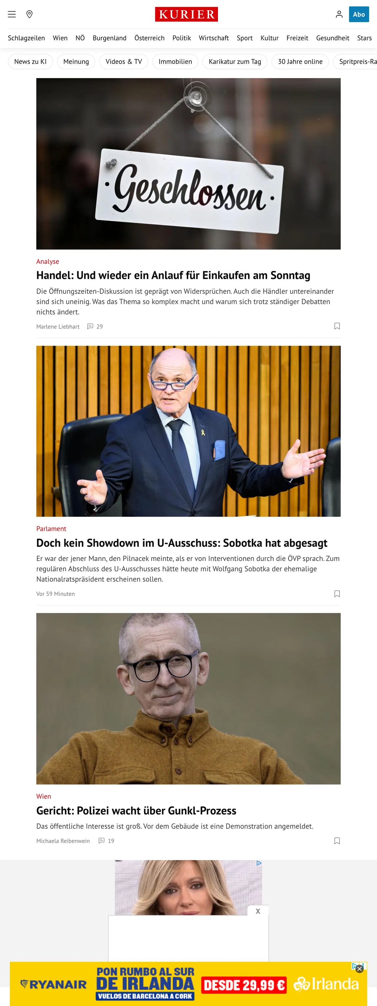 Screenshot of the Kurier front page
