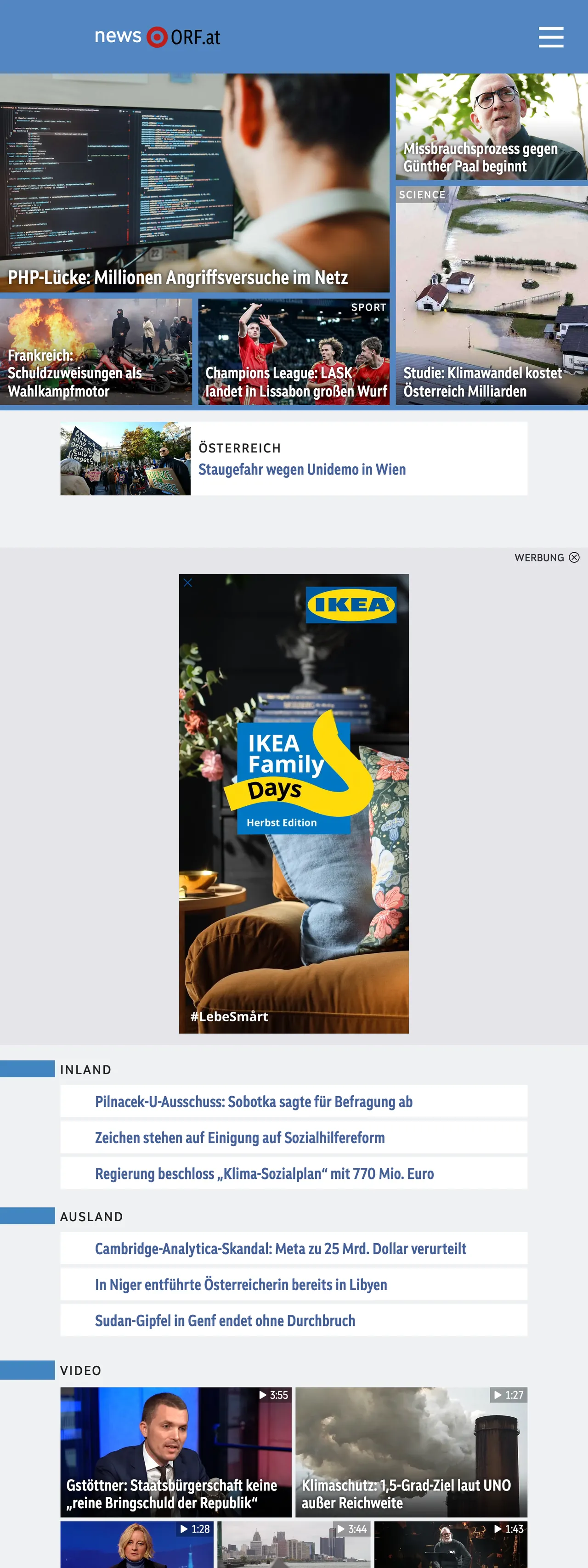 Screenshot of the ORF front page