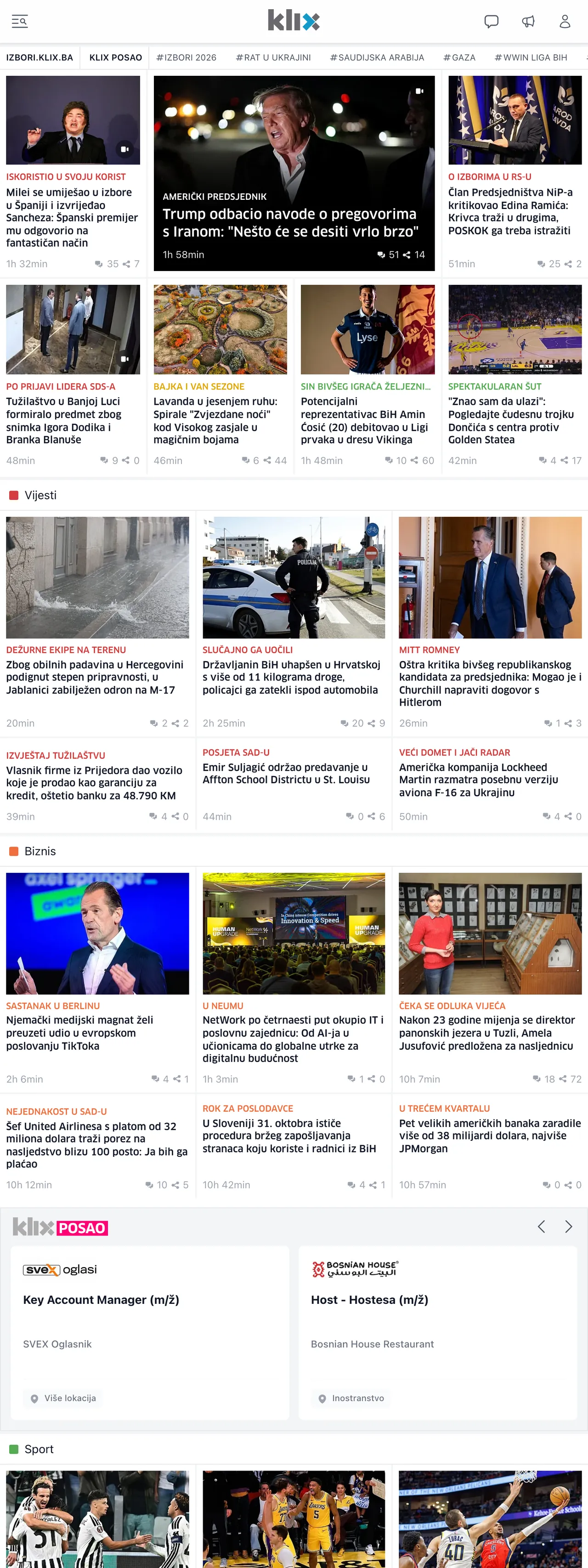 Screenshot of the Klix.ba front page