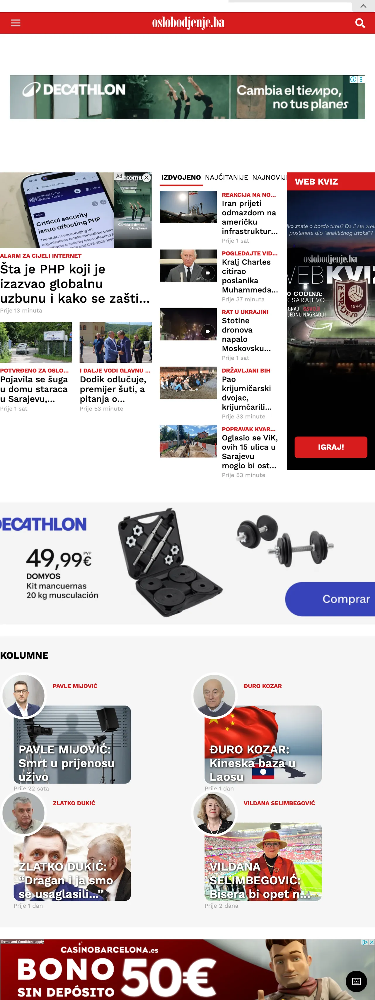 Screenshot of the Oslobođenje front page