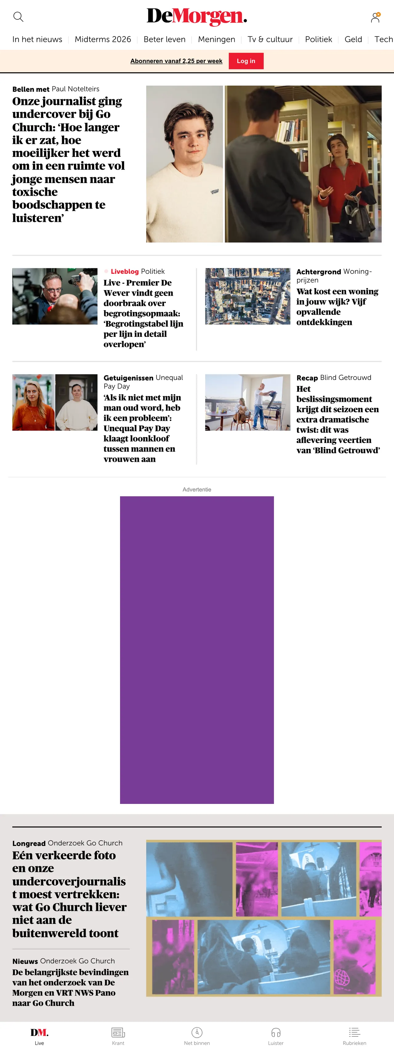 Screenshot of the De Morgen front page
