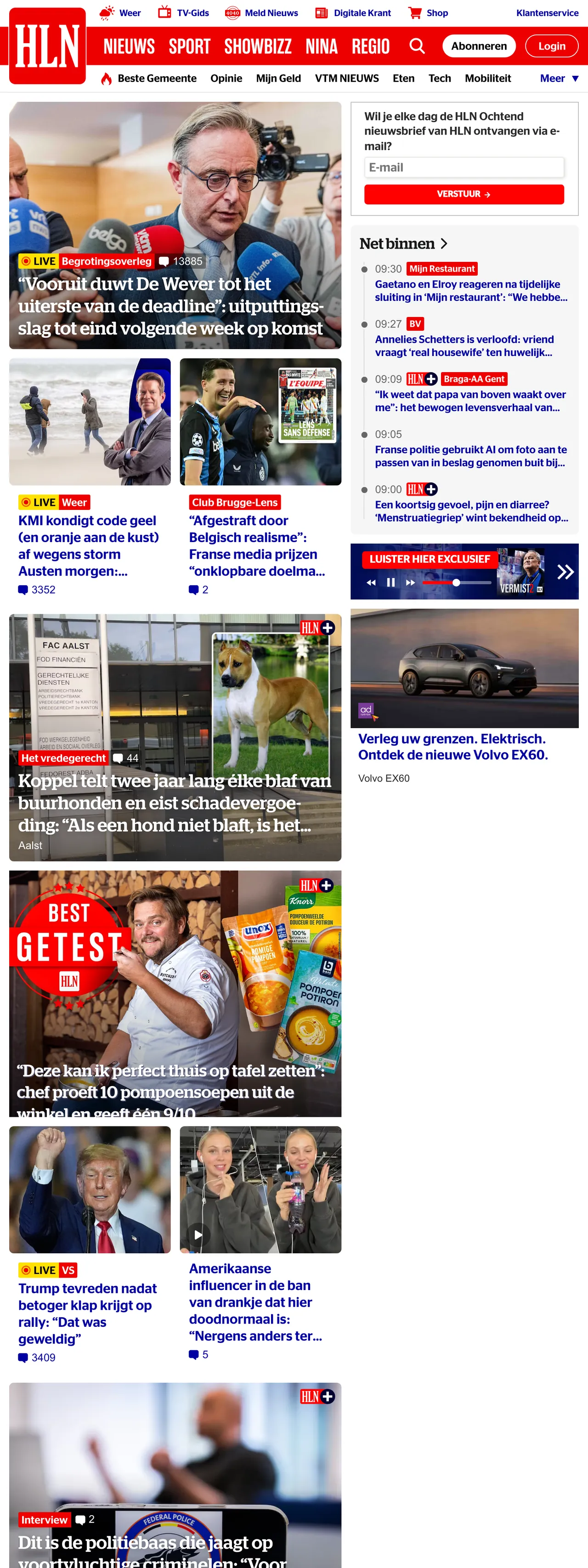 Screenshot of the HLN front page
