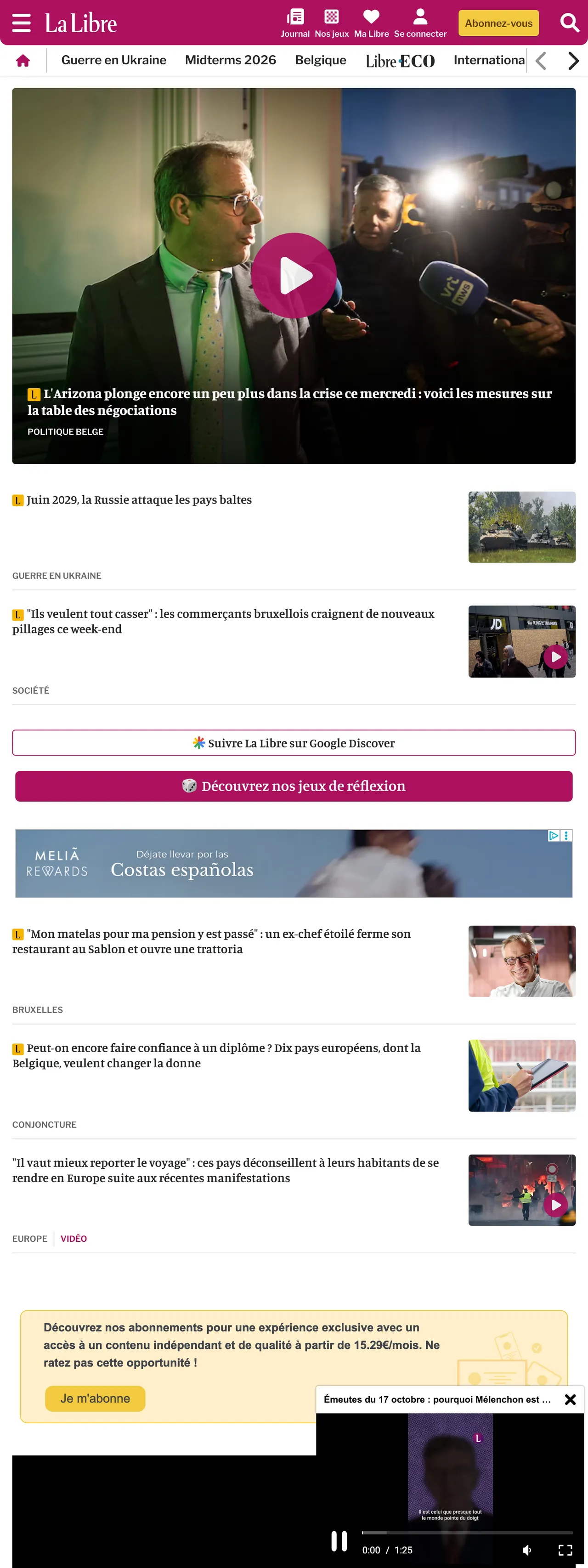 Screenshot of the La Libre front page