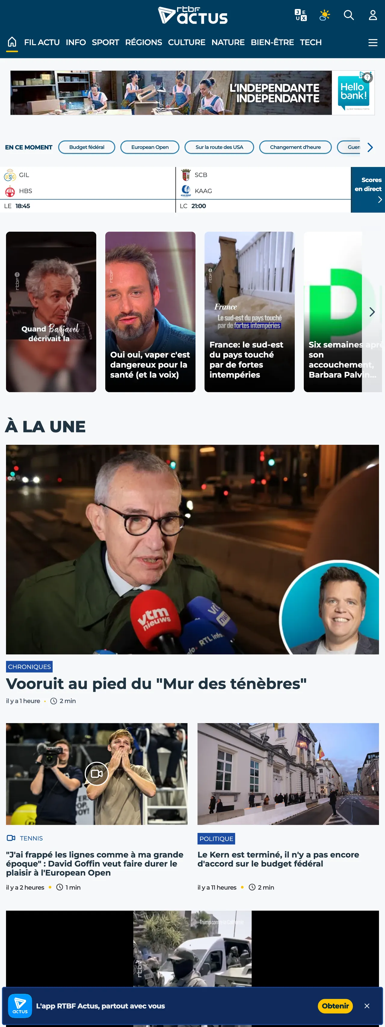 Screenshot of the RTBF front page