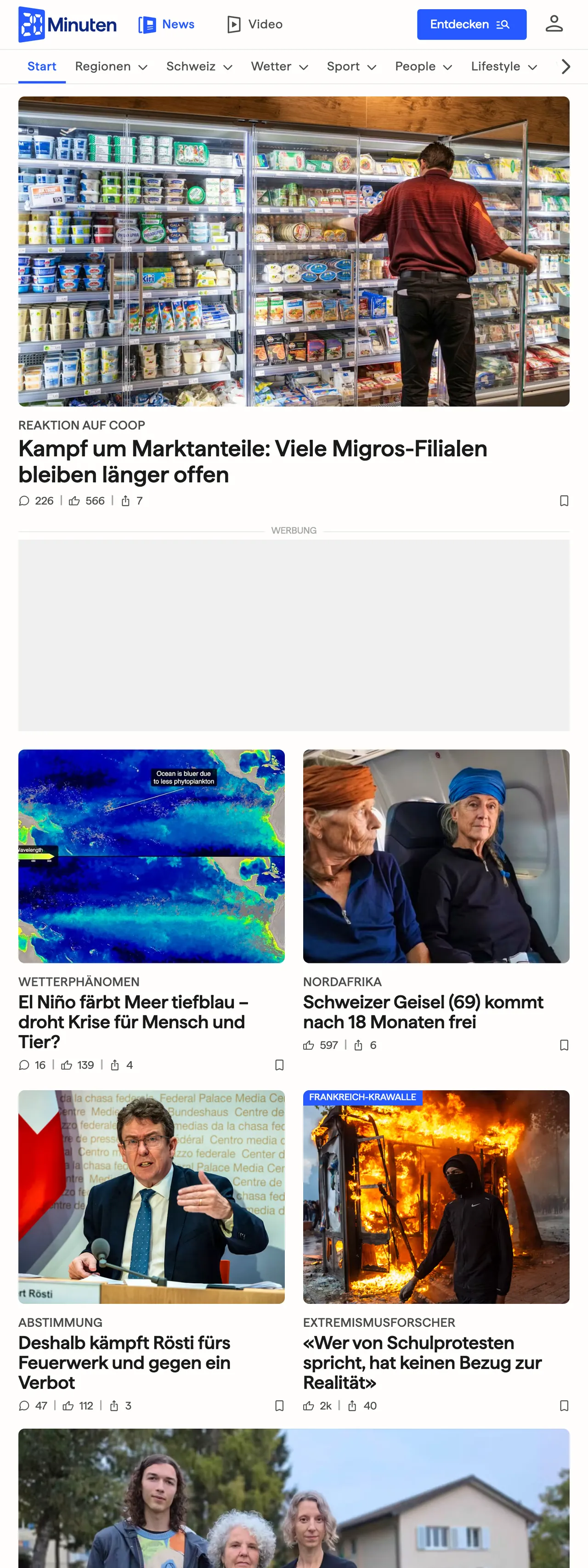 Screenshot of the 20 Minuten front page