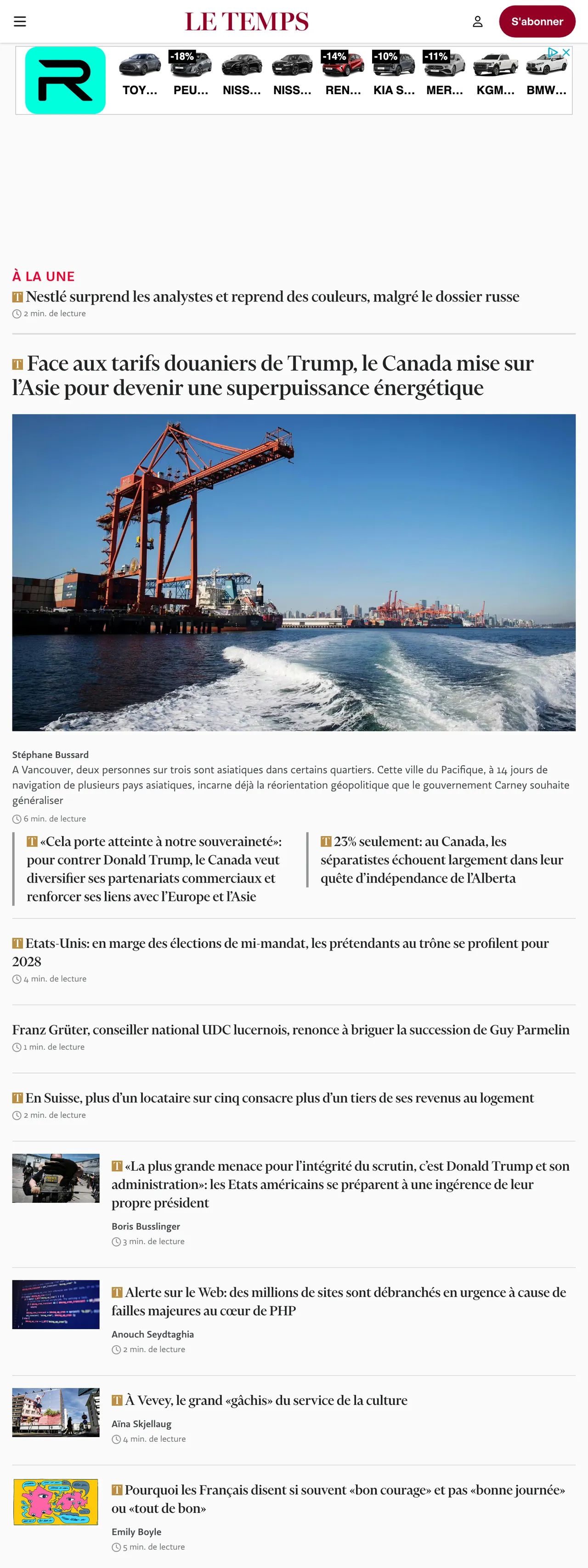 Screenshot of the Le Temps front page