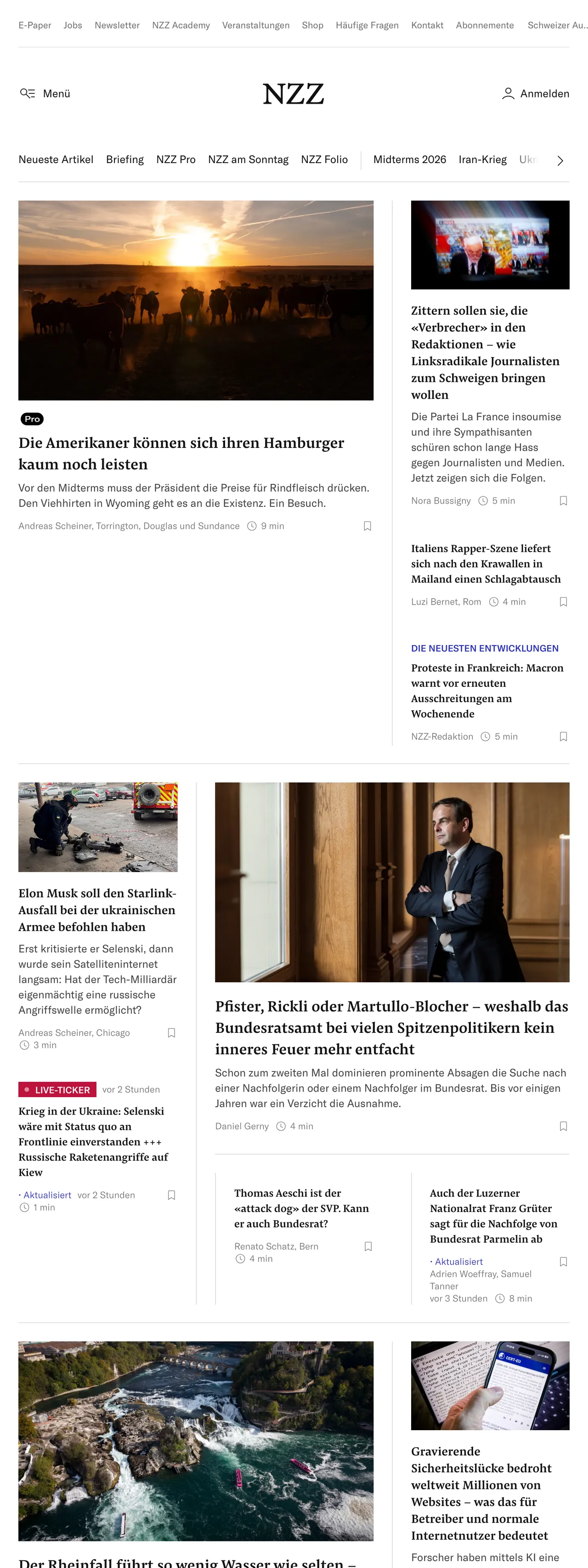 Screenshot of the Neue Zürcher Zeitung front page