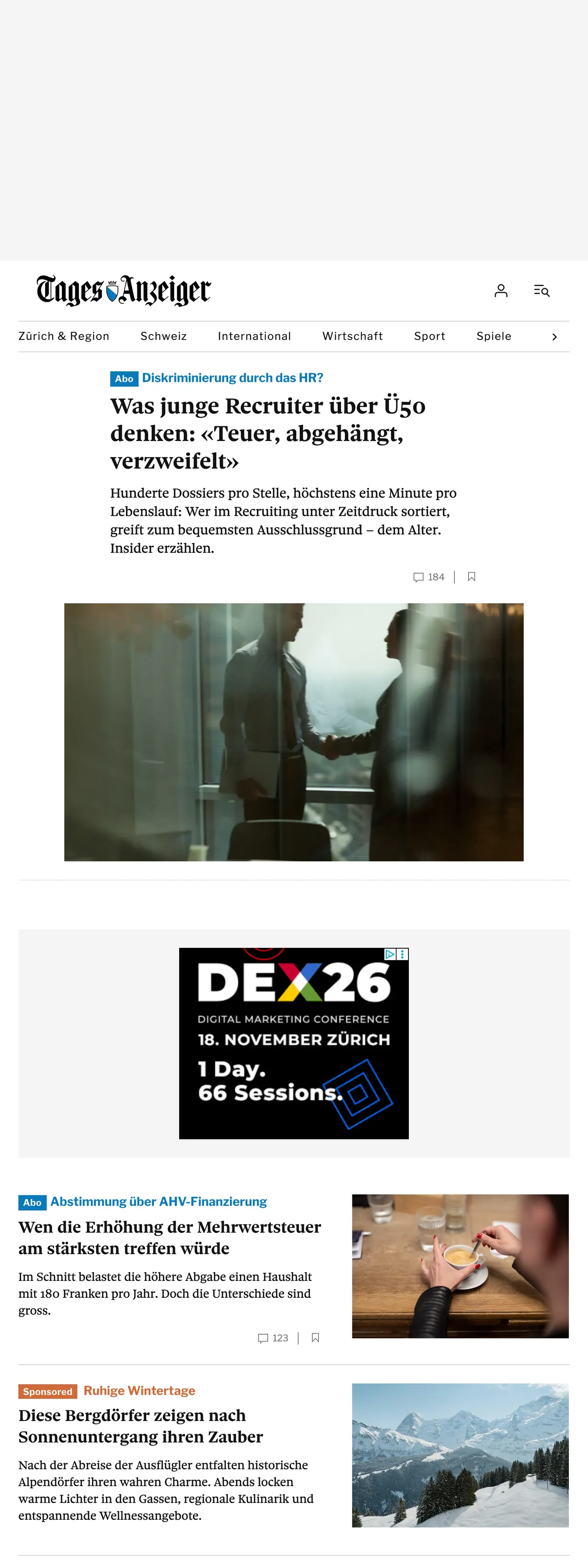 Screenshot of the Tages-Anzeiger front page