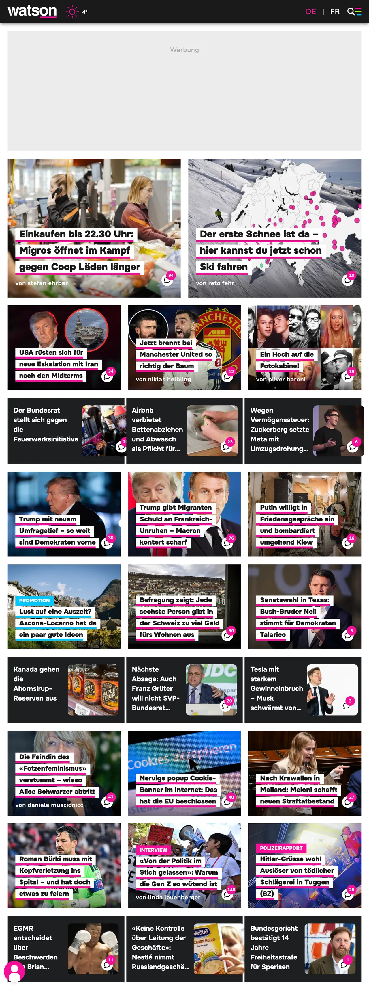 Screenshot of the watson front page
