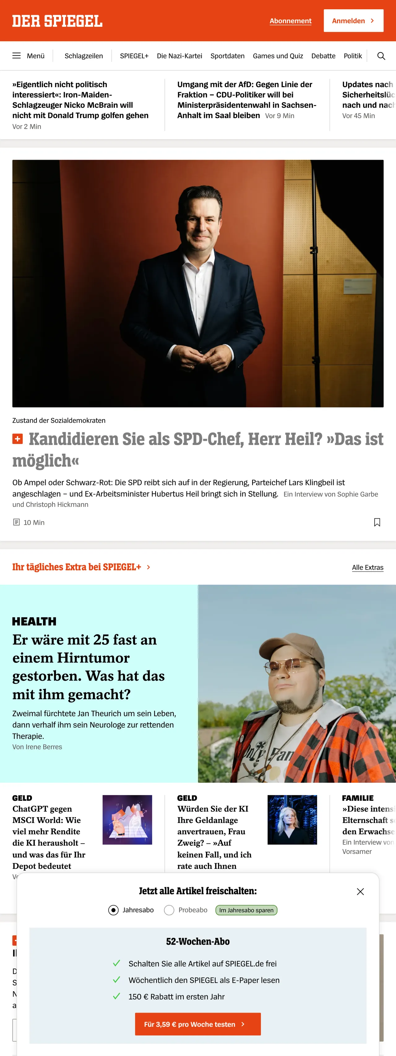 Screenshot of the DER SPIEGEL front page