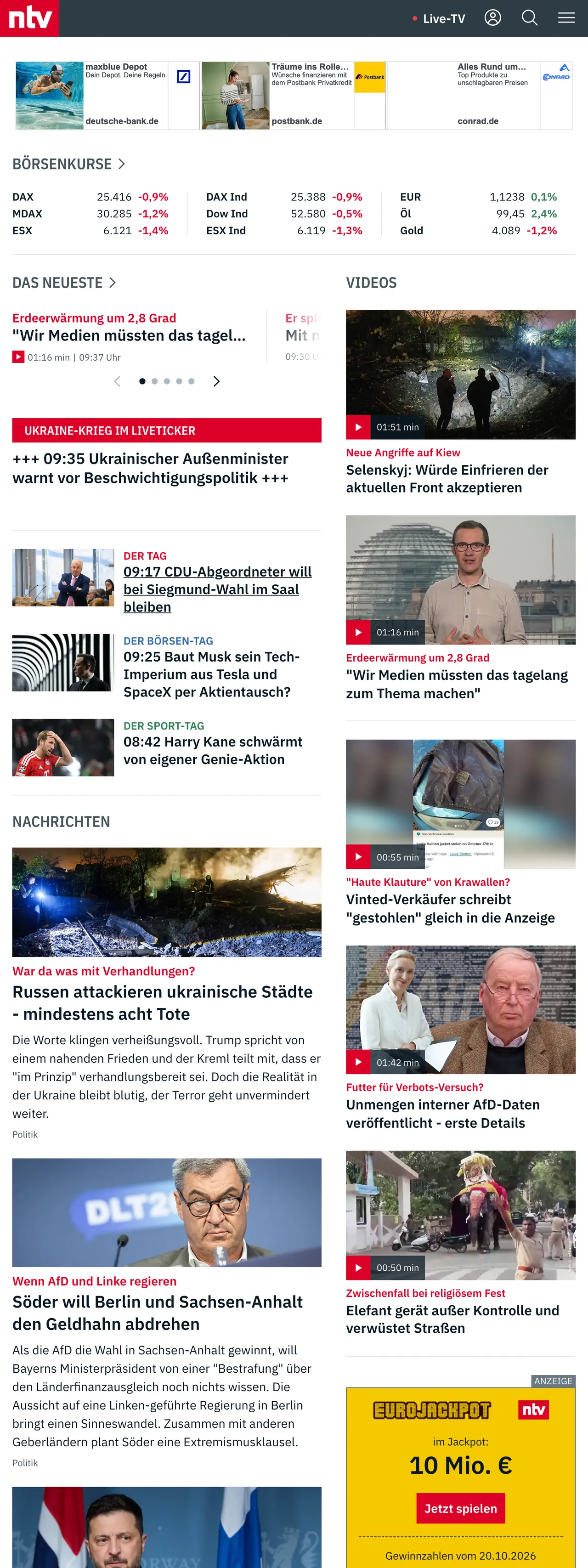 Screenshot of the n-tv front page