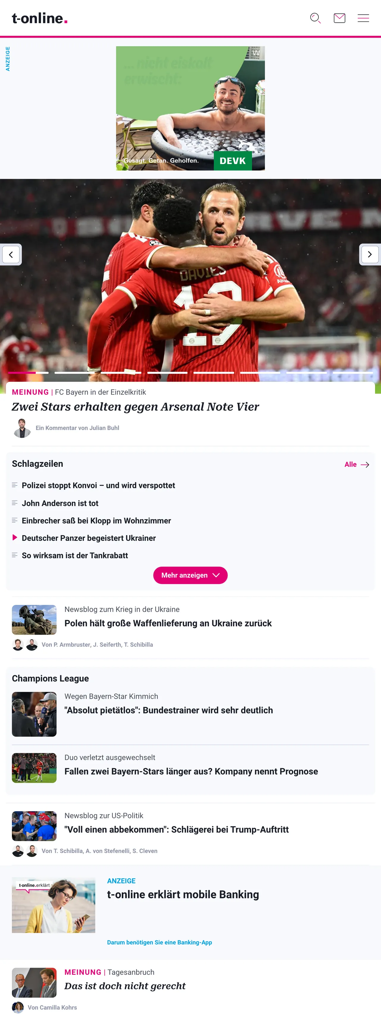 Screenshot of the t-online front page