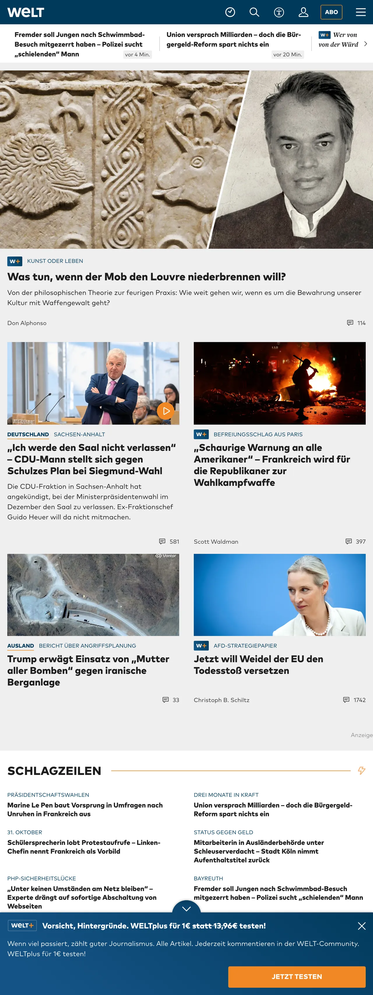 Screenshot of the WELT front page