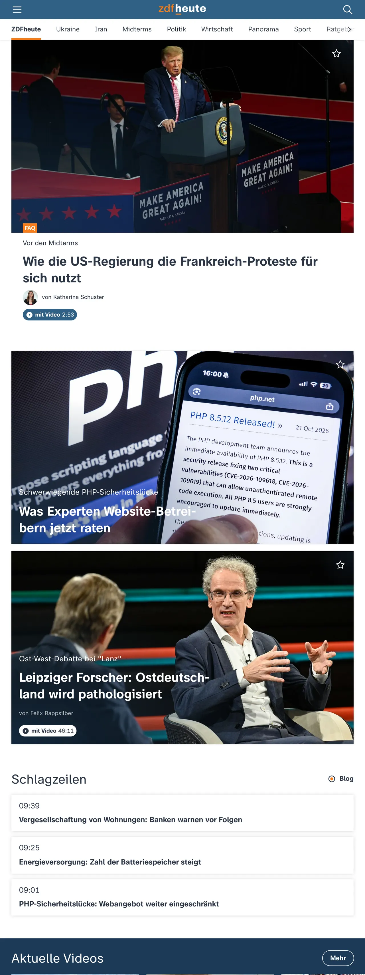 Screenshot of the ZDFheute front page