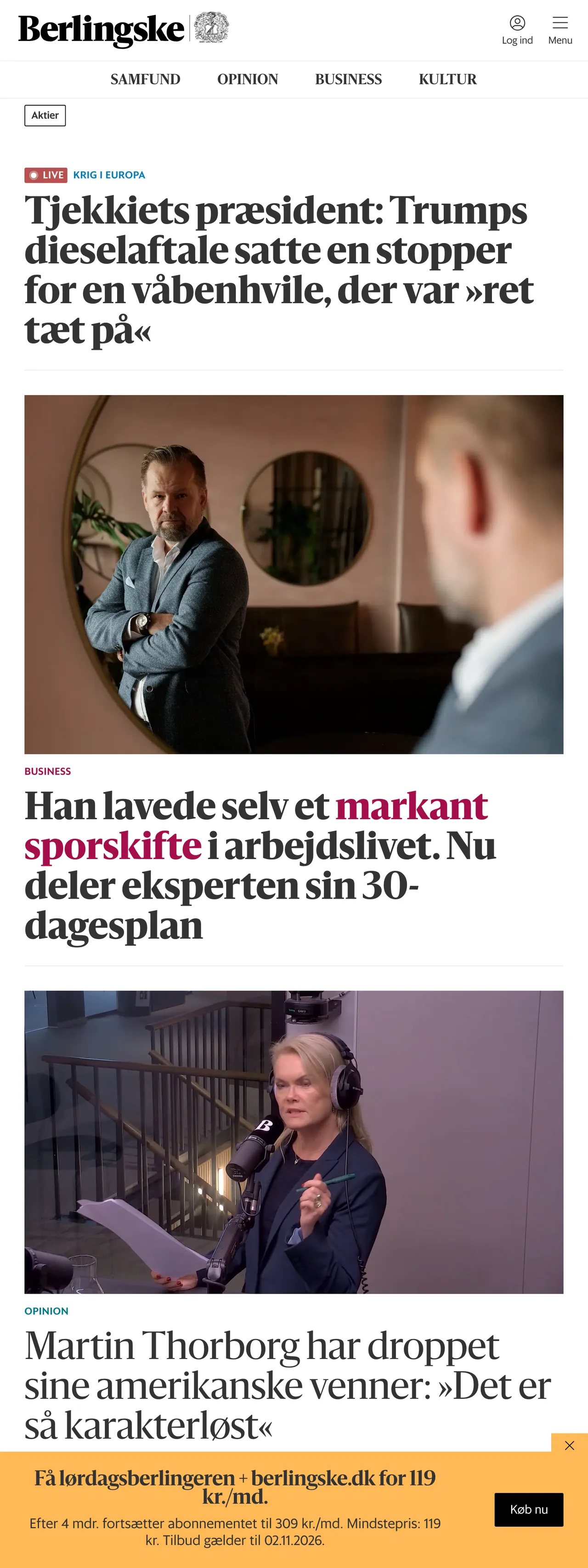 Screenshot of the Berlingske front page