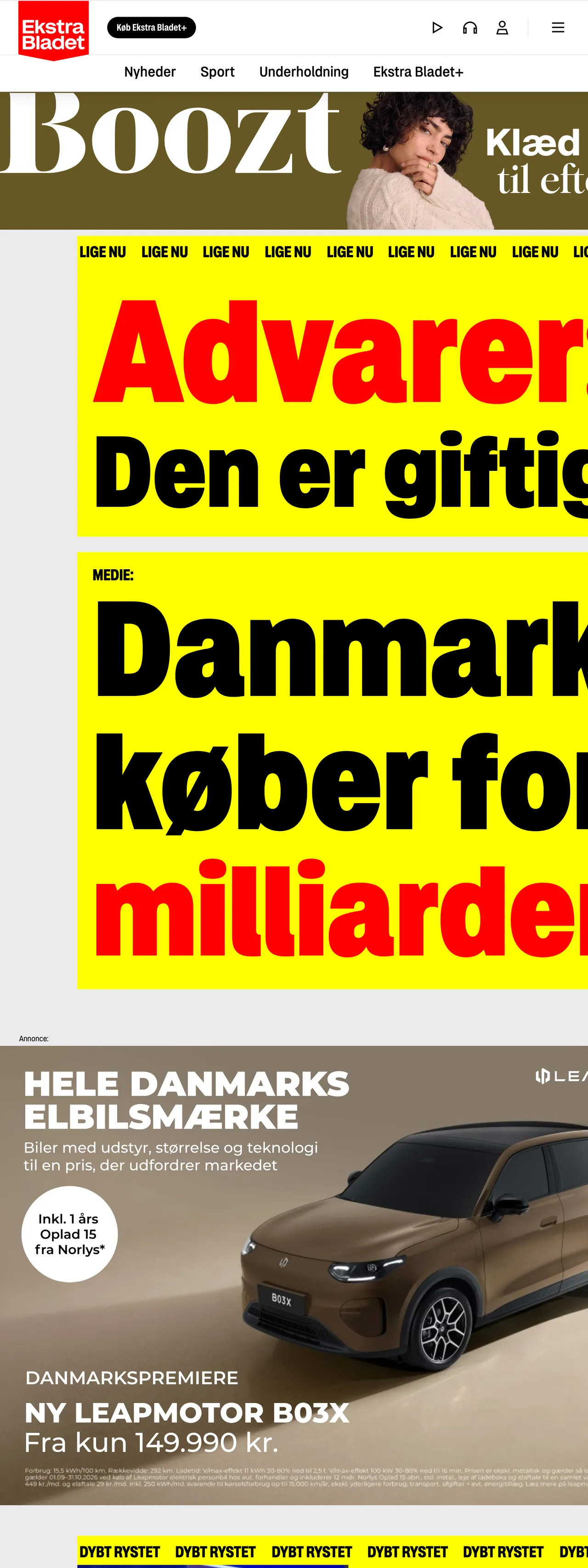 Screenshot of the Ekstra Bladet front page