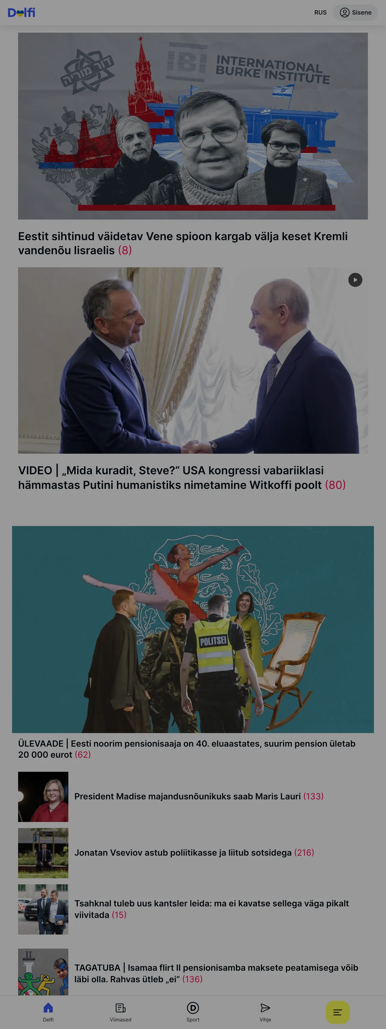 Screenshot of the Delfi front page