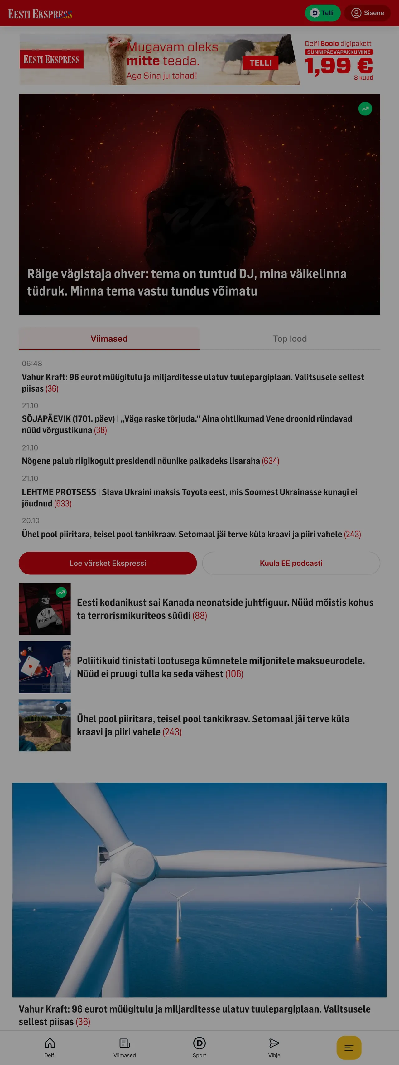 Screenshot of the Eesti Ekspress front page