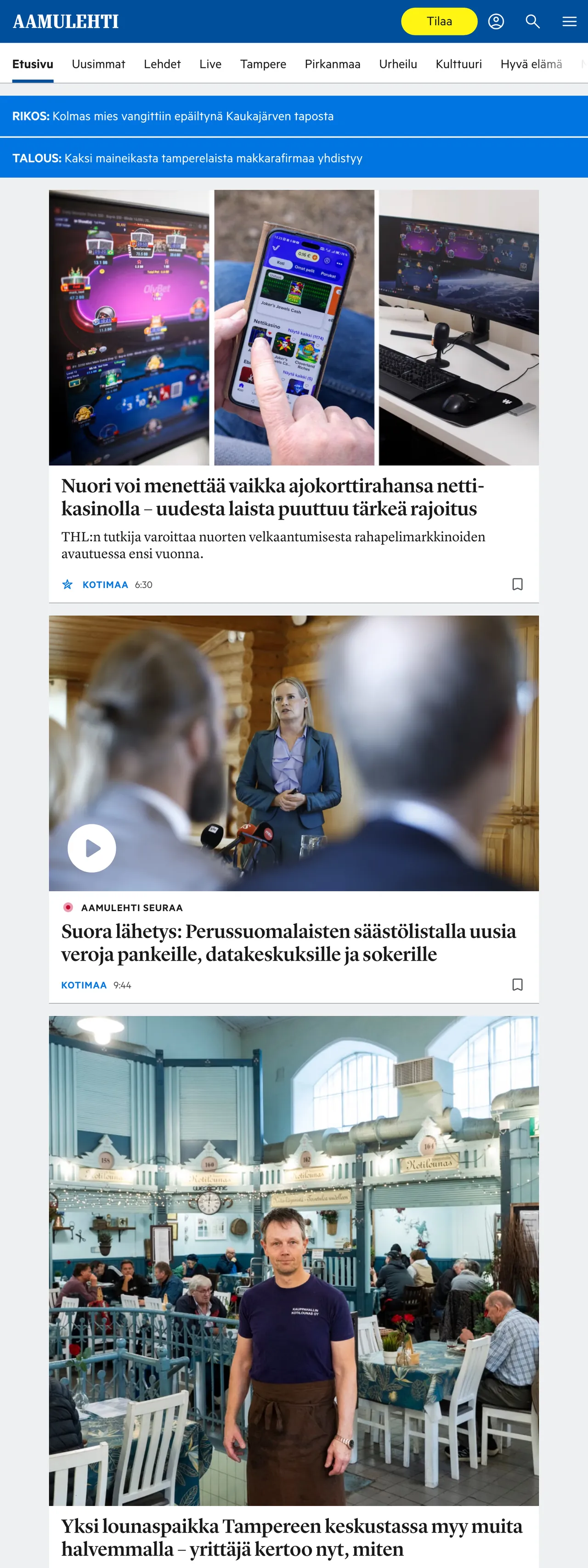 Screenshot of the Aamulehti front page