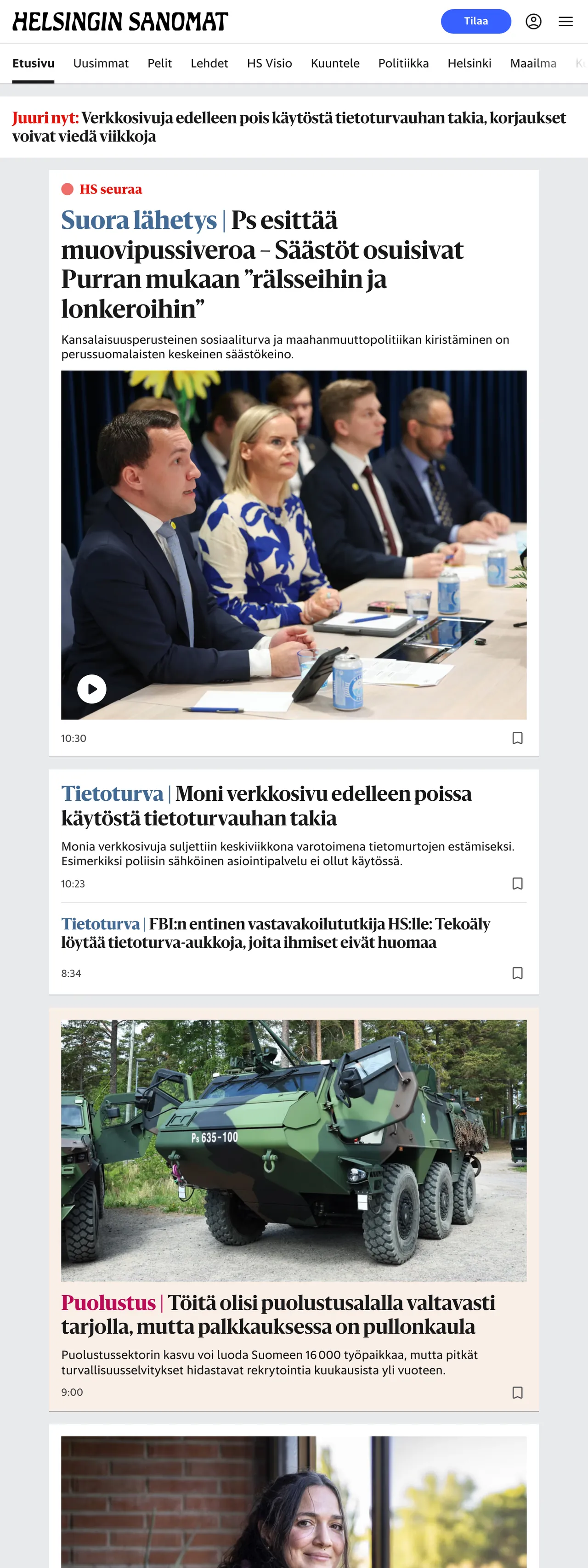 Screenshot of the Helsingin Sanomat front page