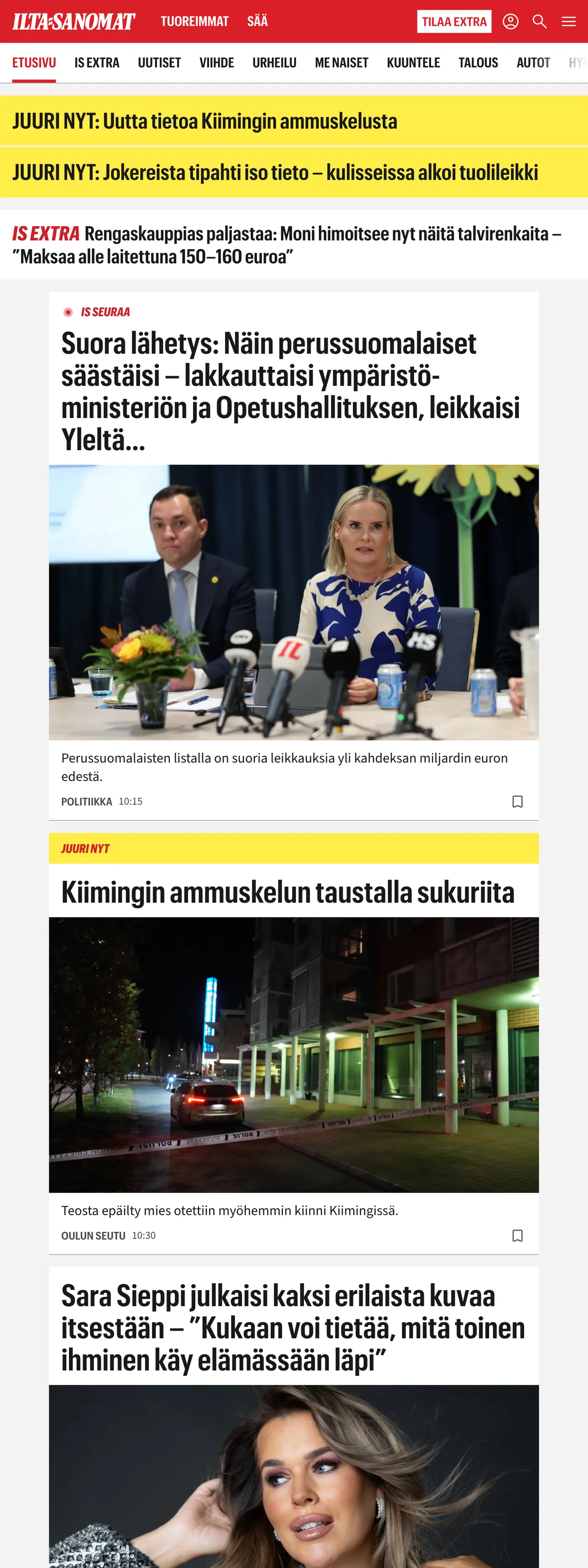 Screenshot of the Ilta-Sanomat front page