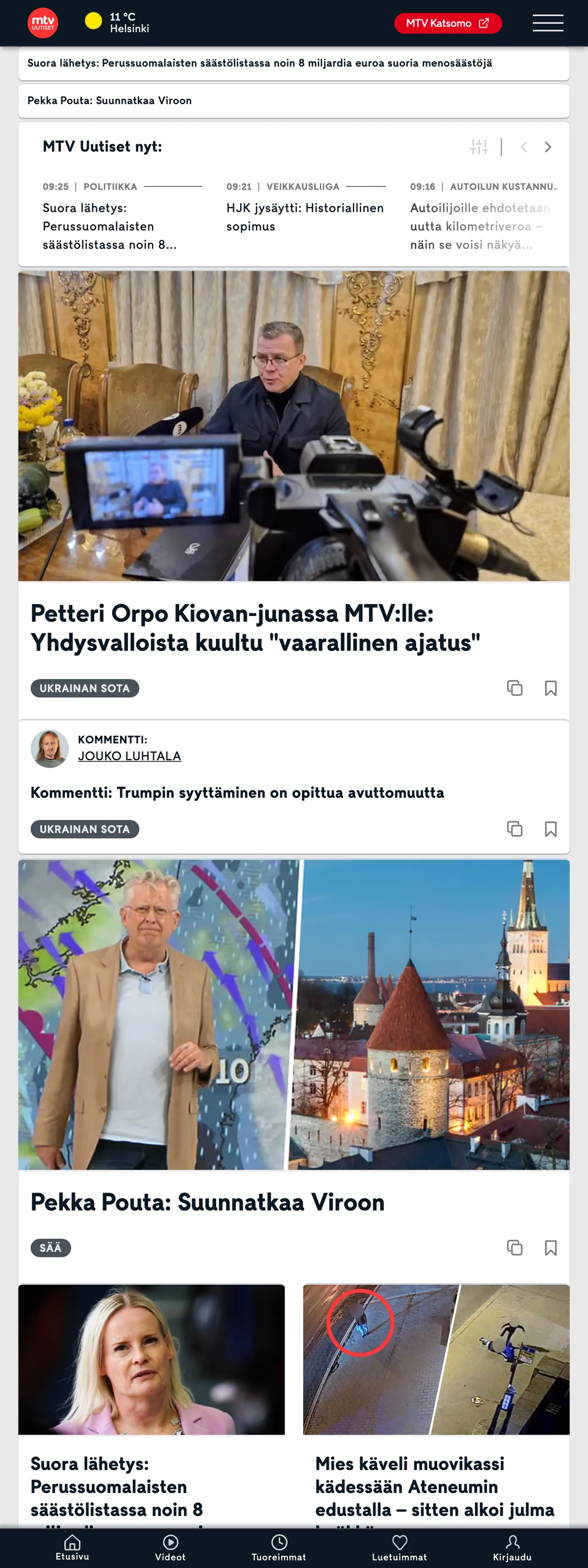Screenshot of the MTV Uutiset front page