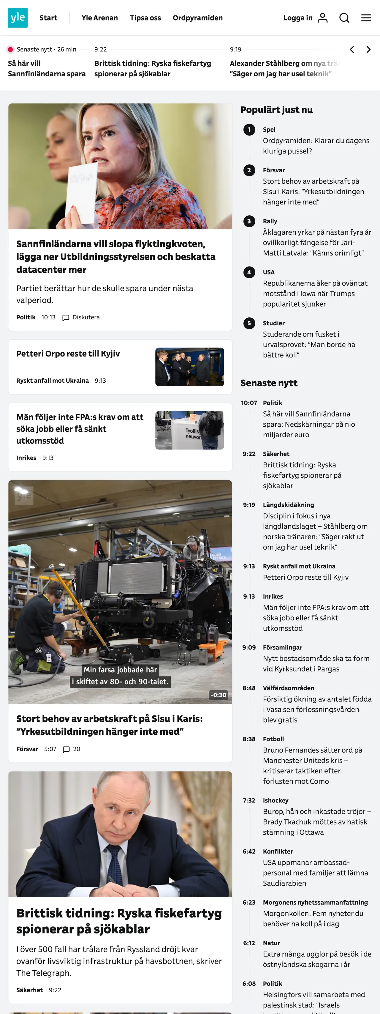 Screenshot of the Svenska Yle front page