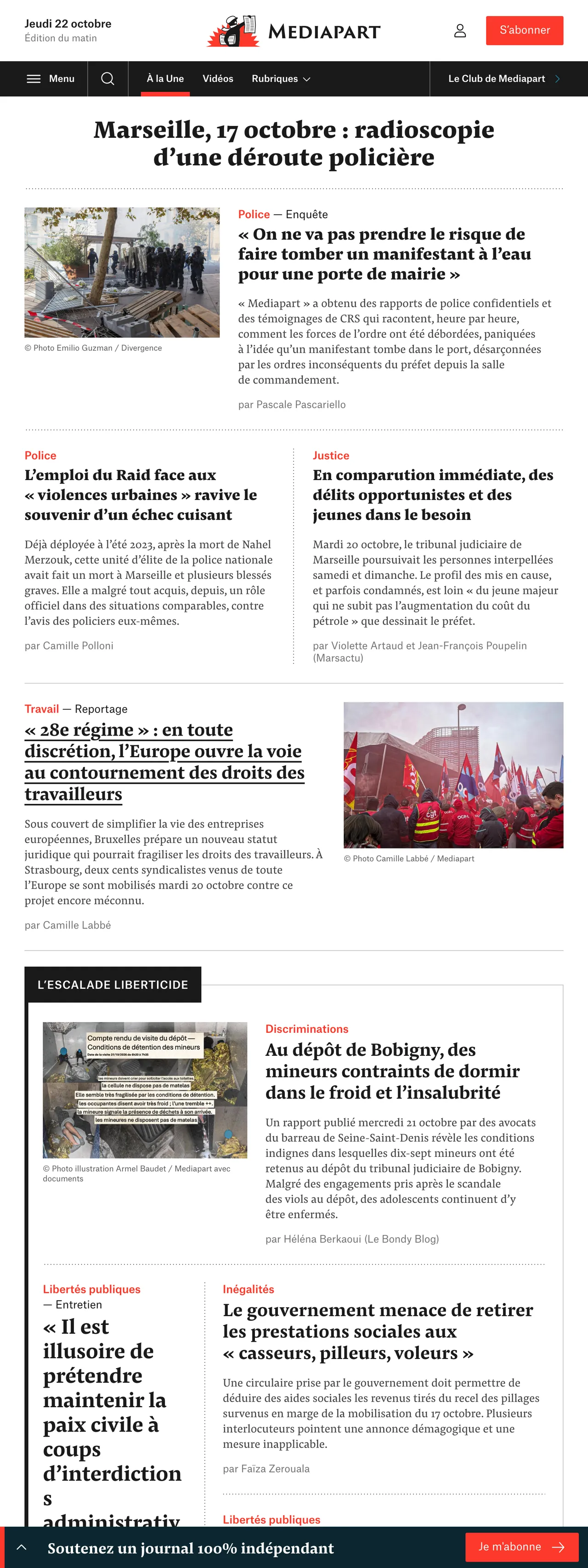 Screenshot of the Mediapart front page