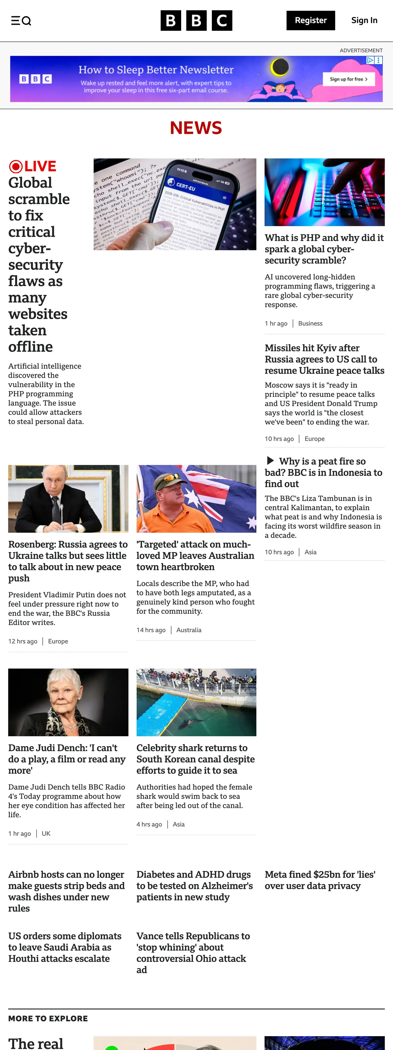 Screenshot of the BBC News front page