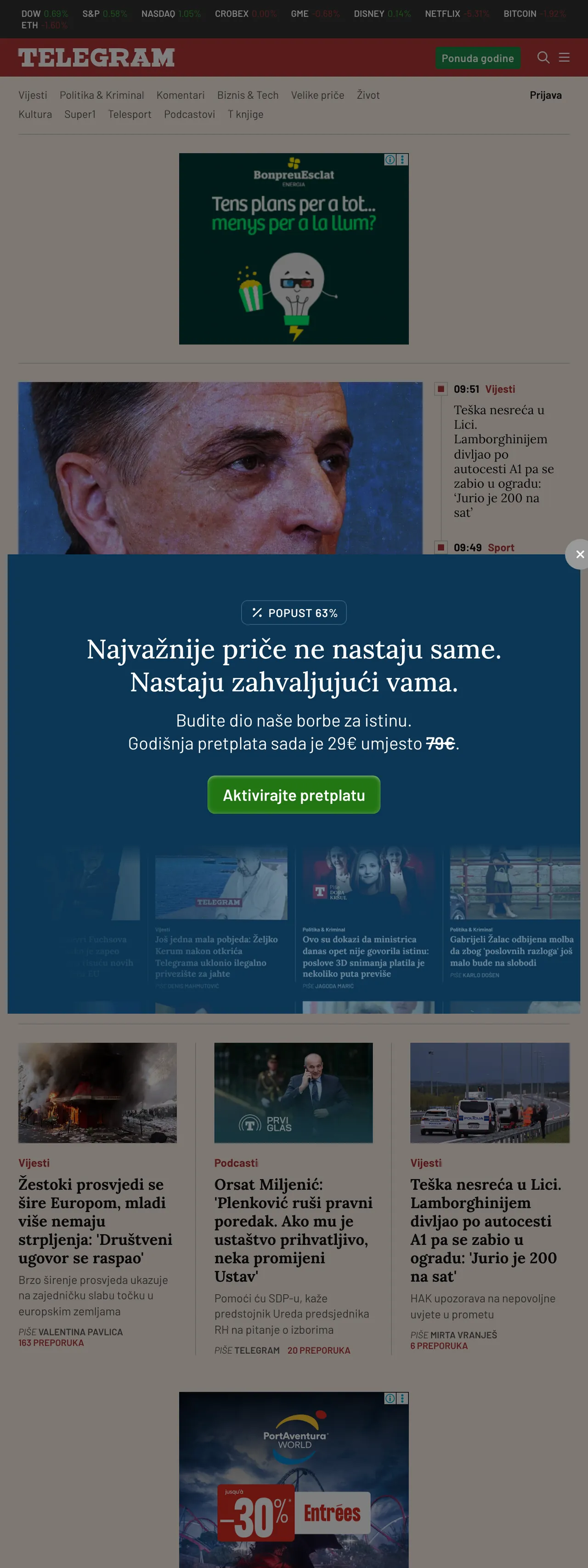Screenshot of the Telegram.hr front page