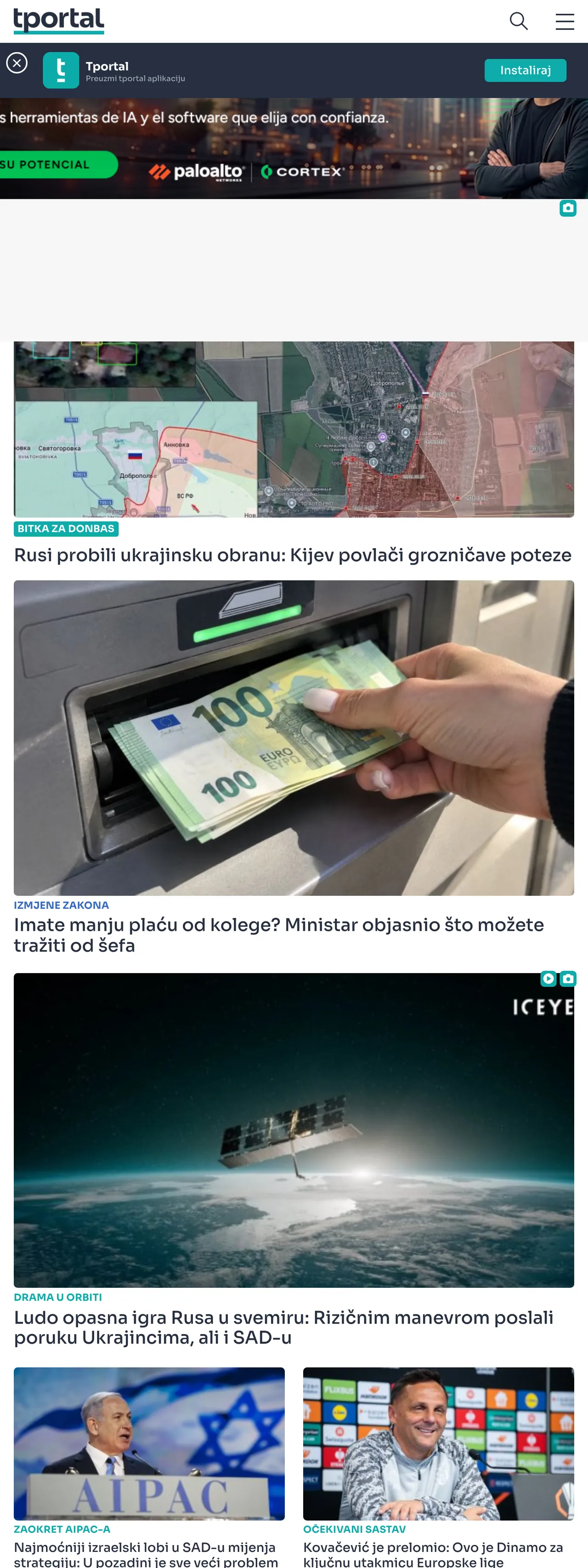 Screenshot of the tportal front page
