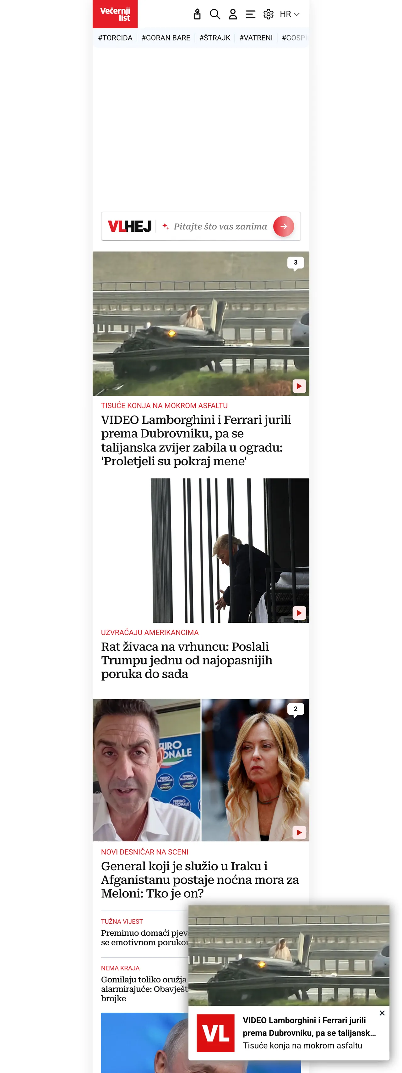 Screenshot of the Večernji list front page