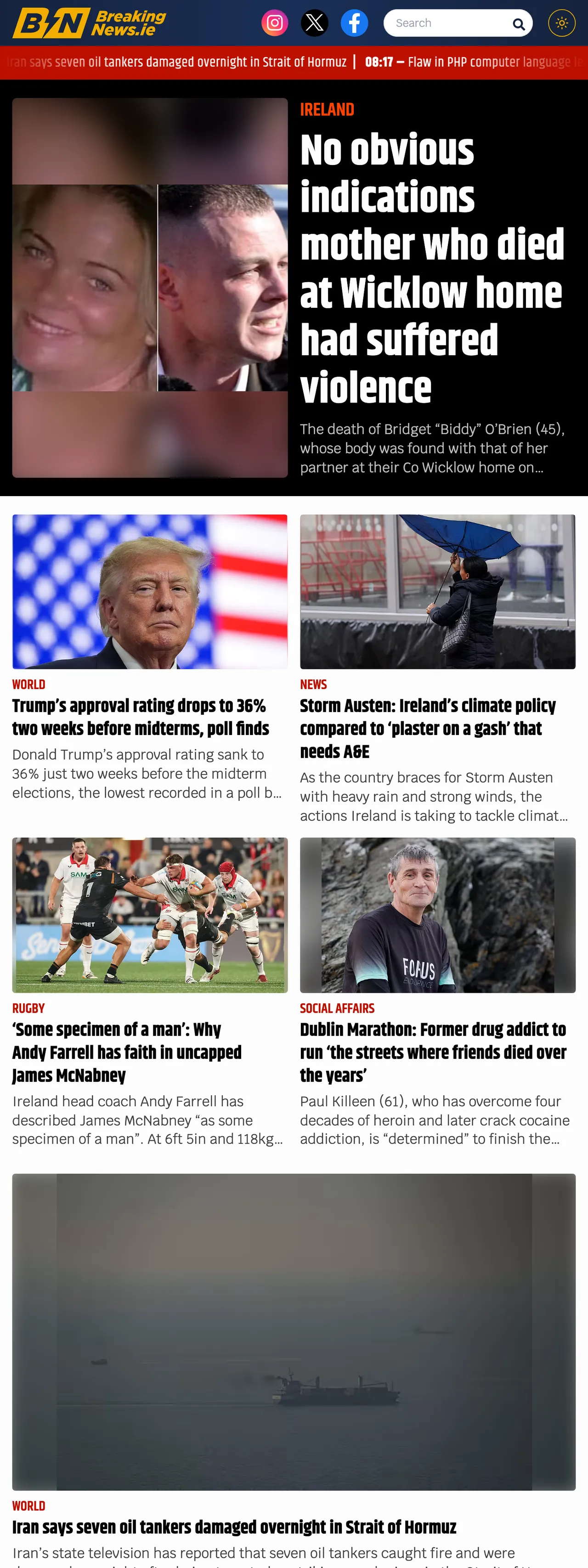 Screenshot of the BreakingNews.ie front page
