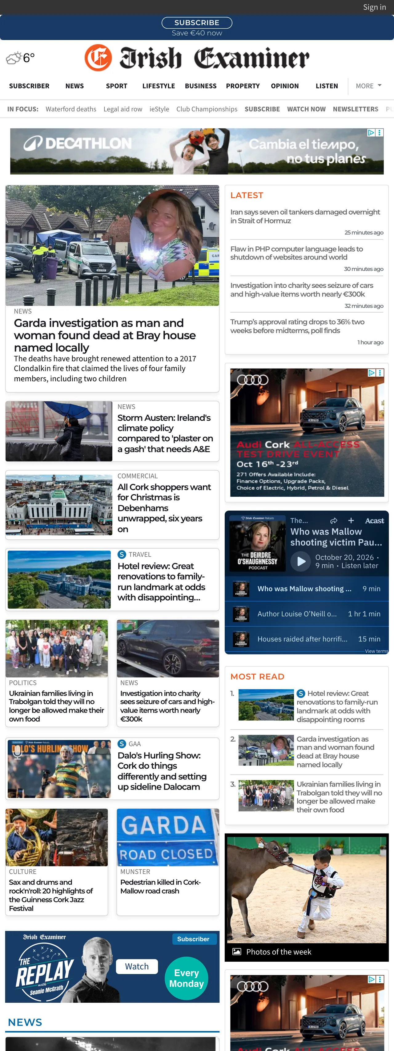 Screenshot of the Irish Examiner front page