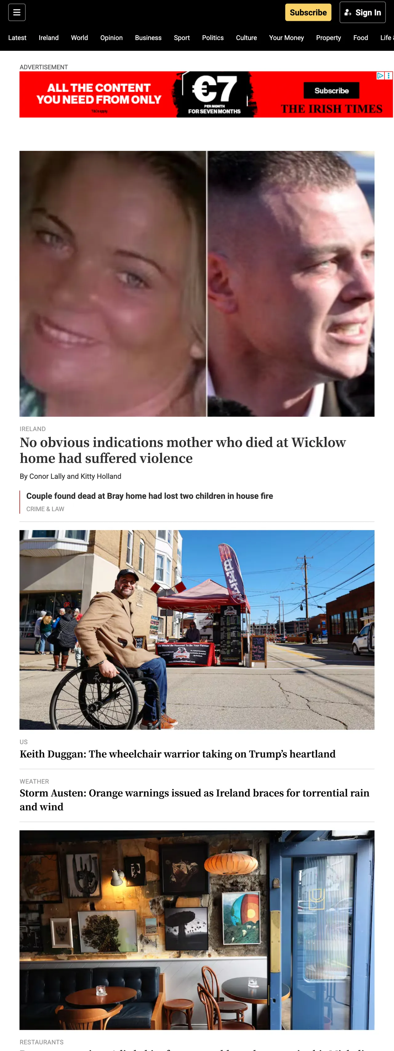 Screenshot of the The Irish Times front page