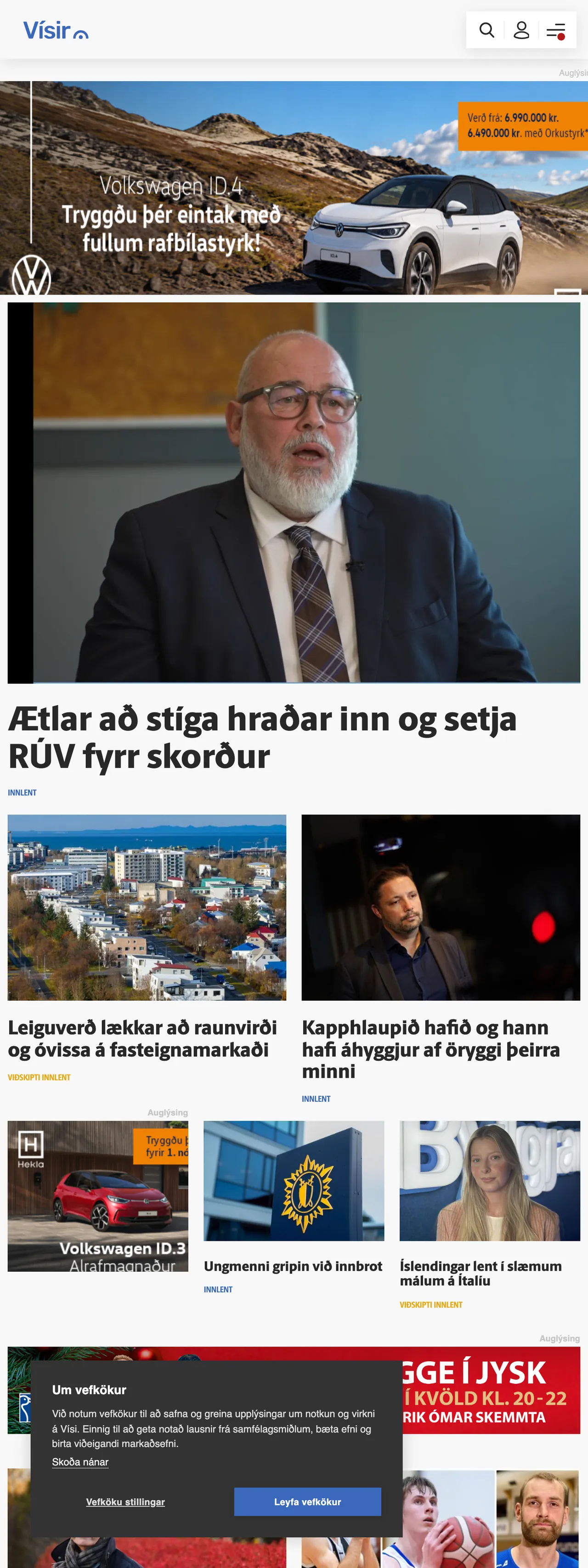 Screenshot of the Vísir front page