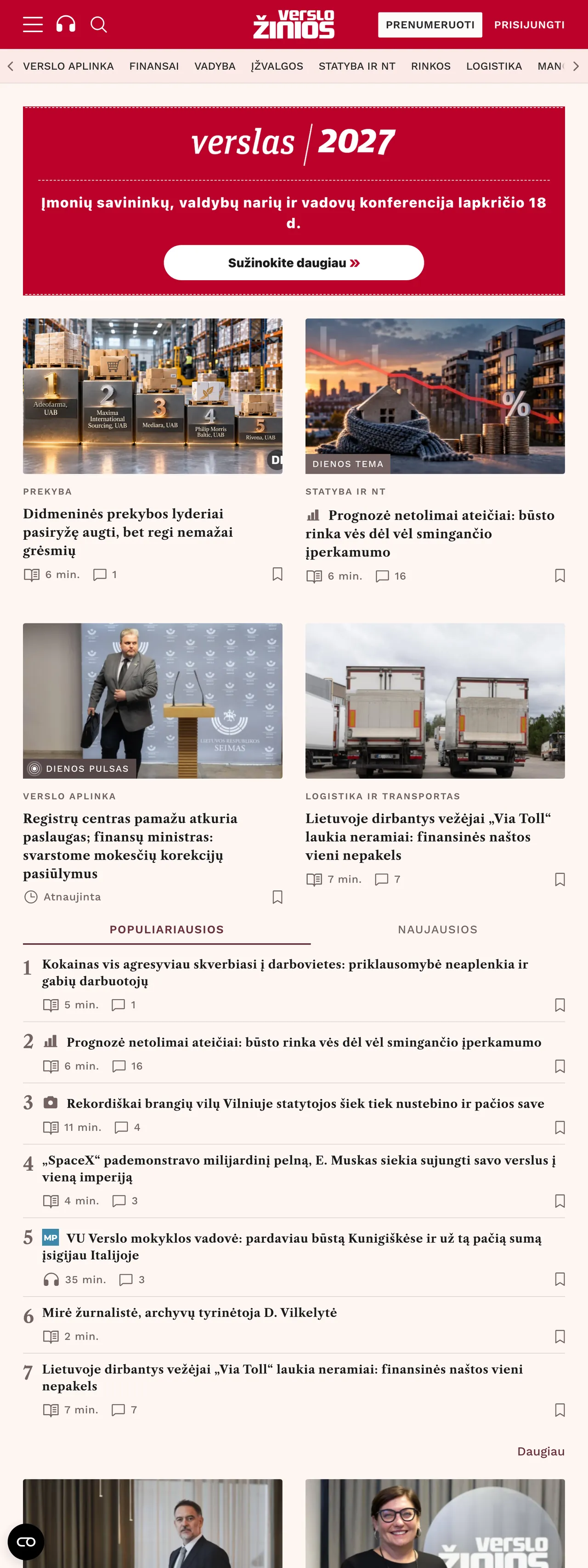 Screenshot of the Verslo žinios front page