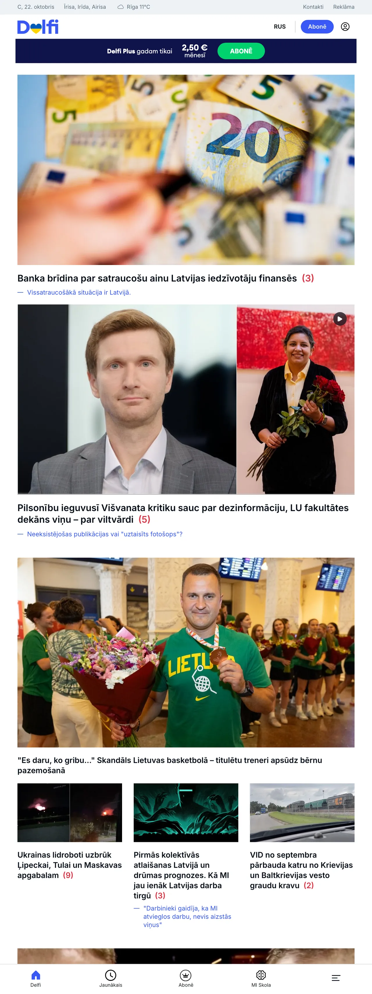 Screenshot of the Delfi front page