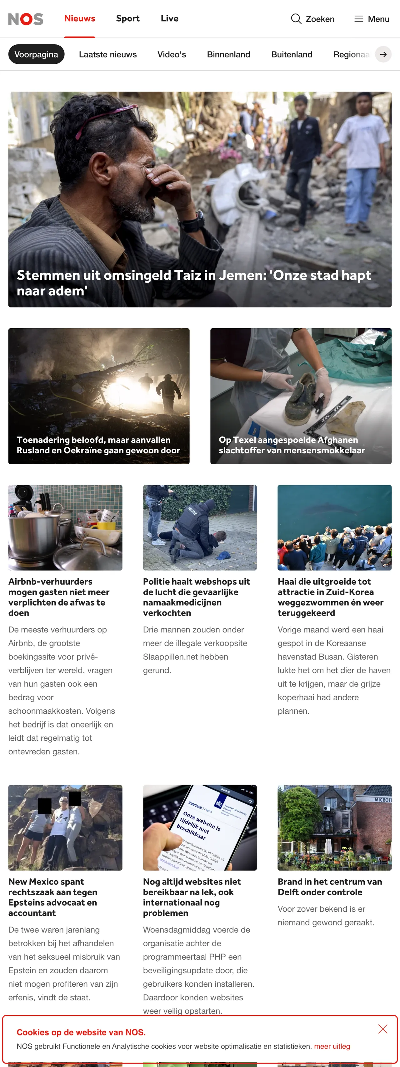 Screenshot of the NOS front page