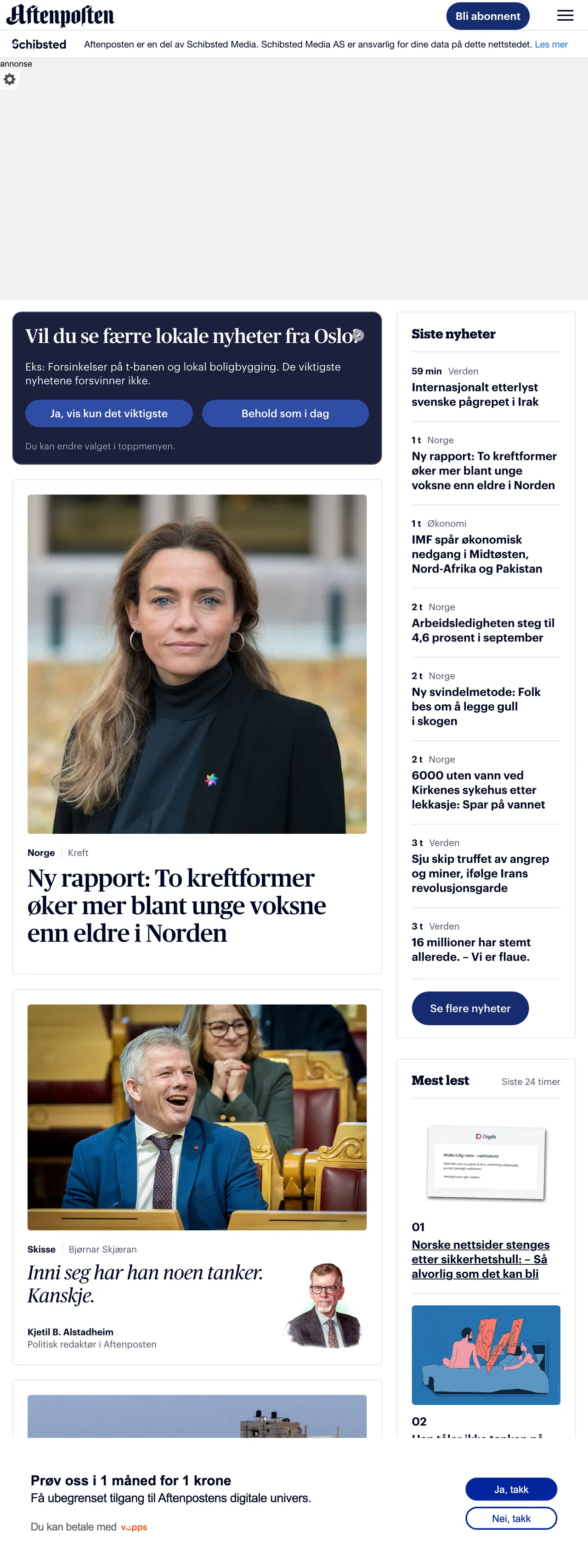 Screenshot of the Aftenposten front page