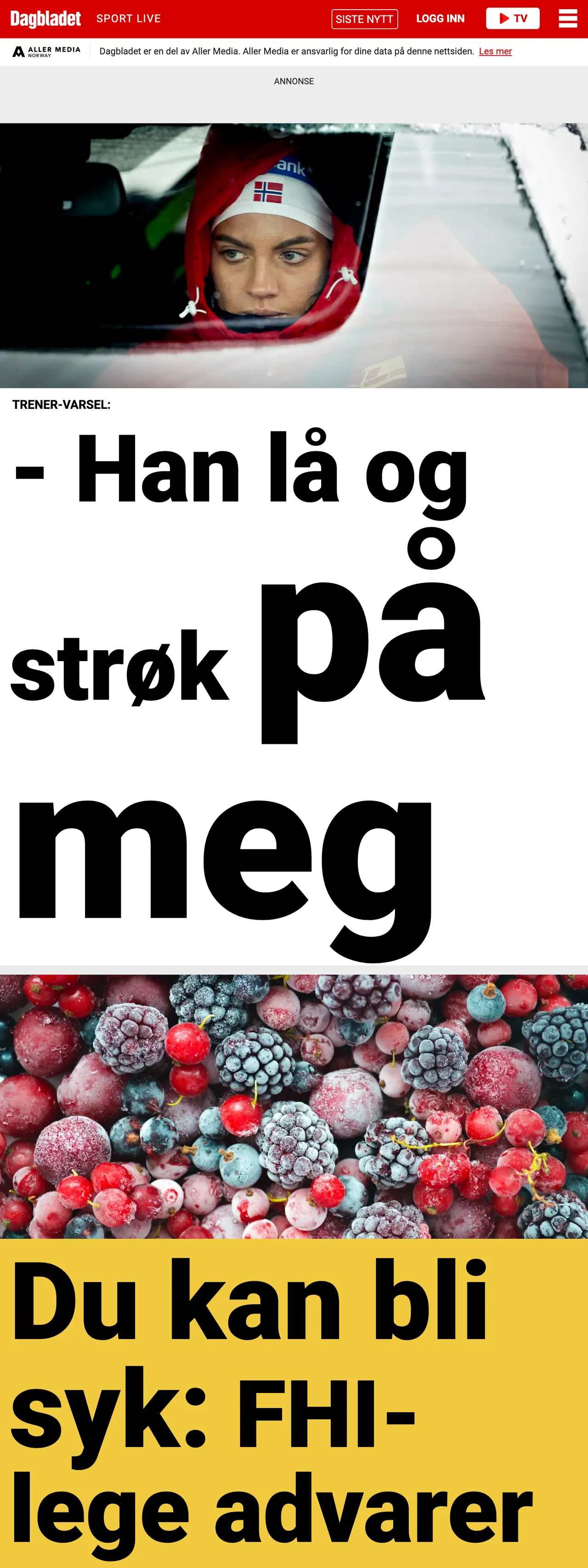 Screenshot of the Dagbladet front page