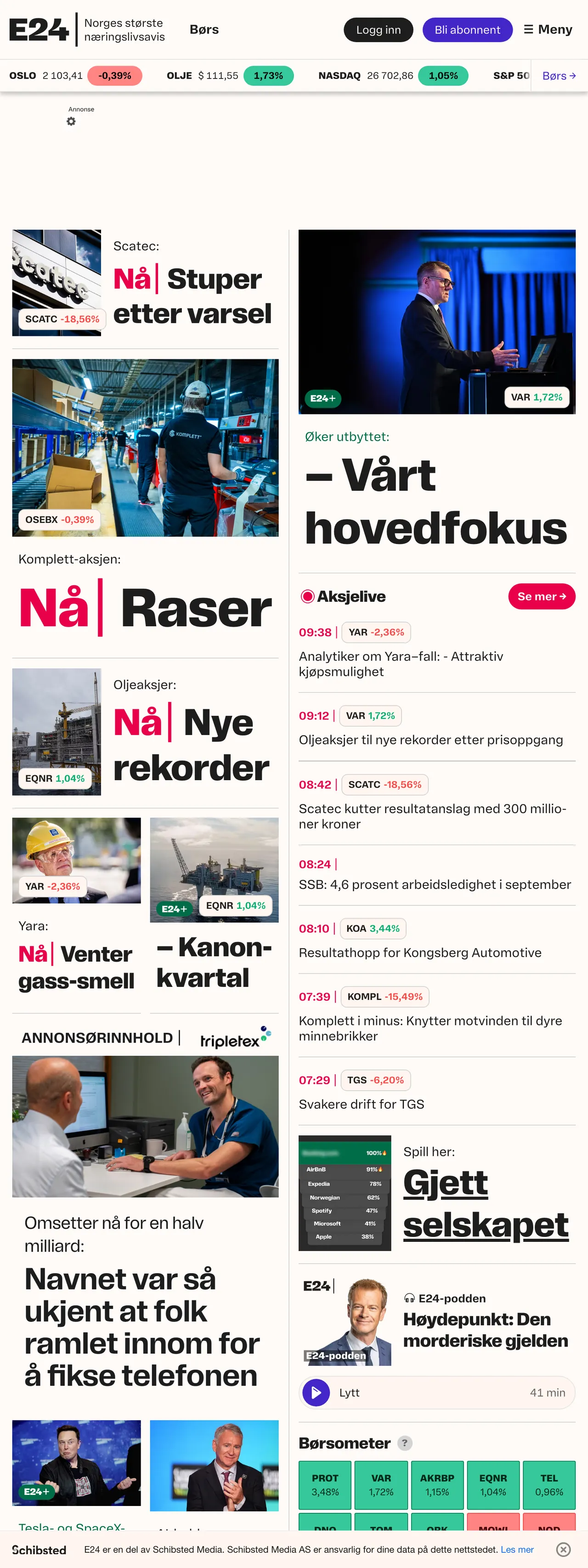 Screenshot of the E24 front page