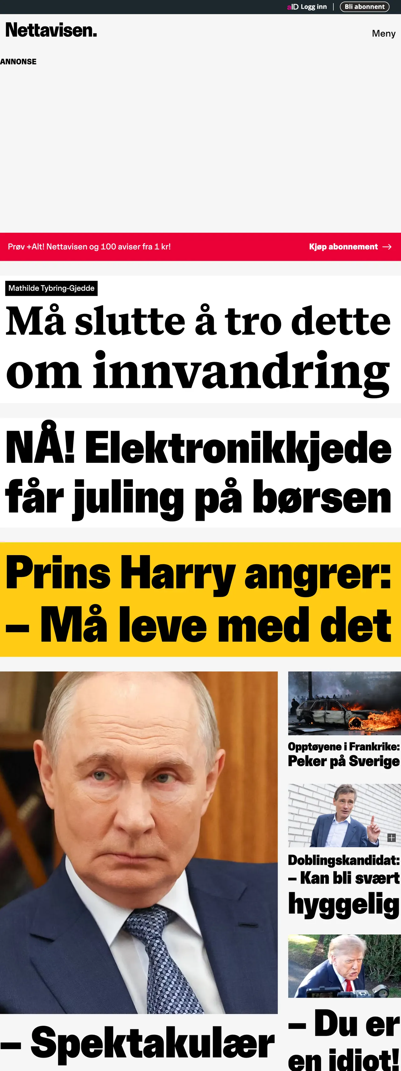Screenshot of the Nettavisen front page
