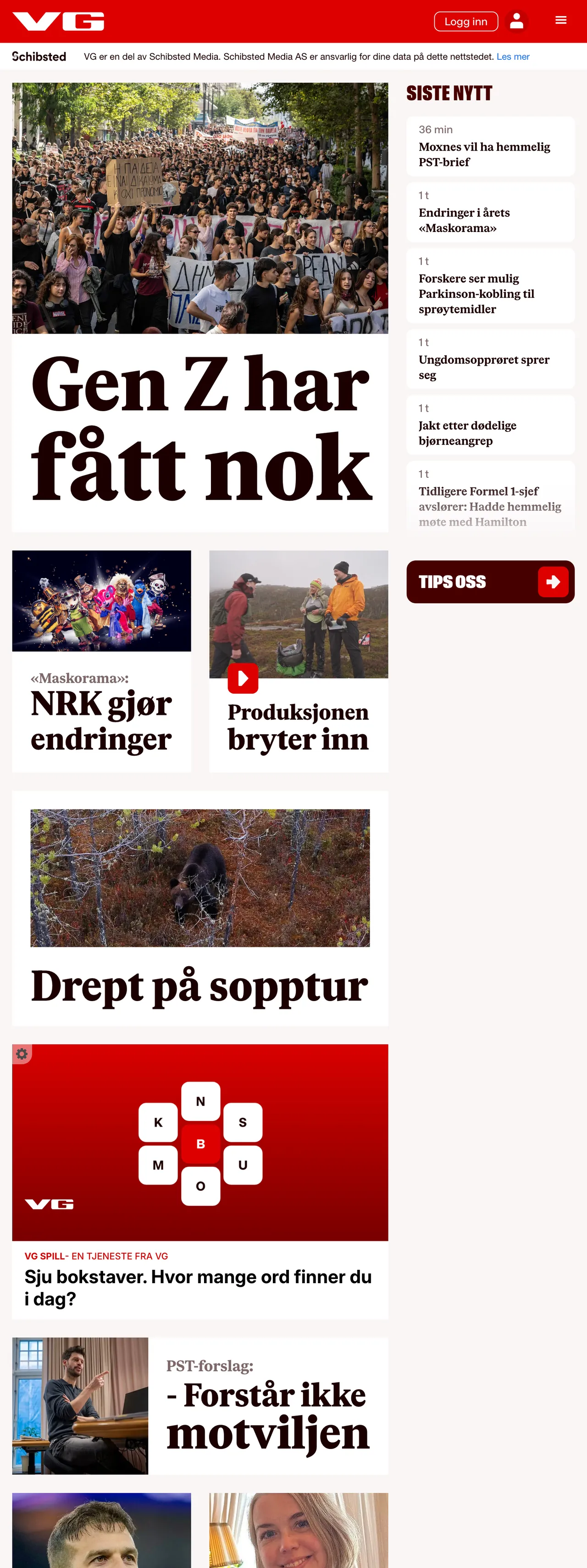 Screenshot of the VG front page