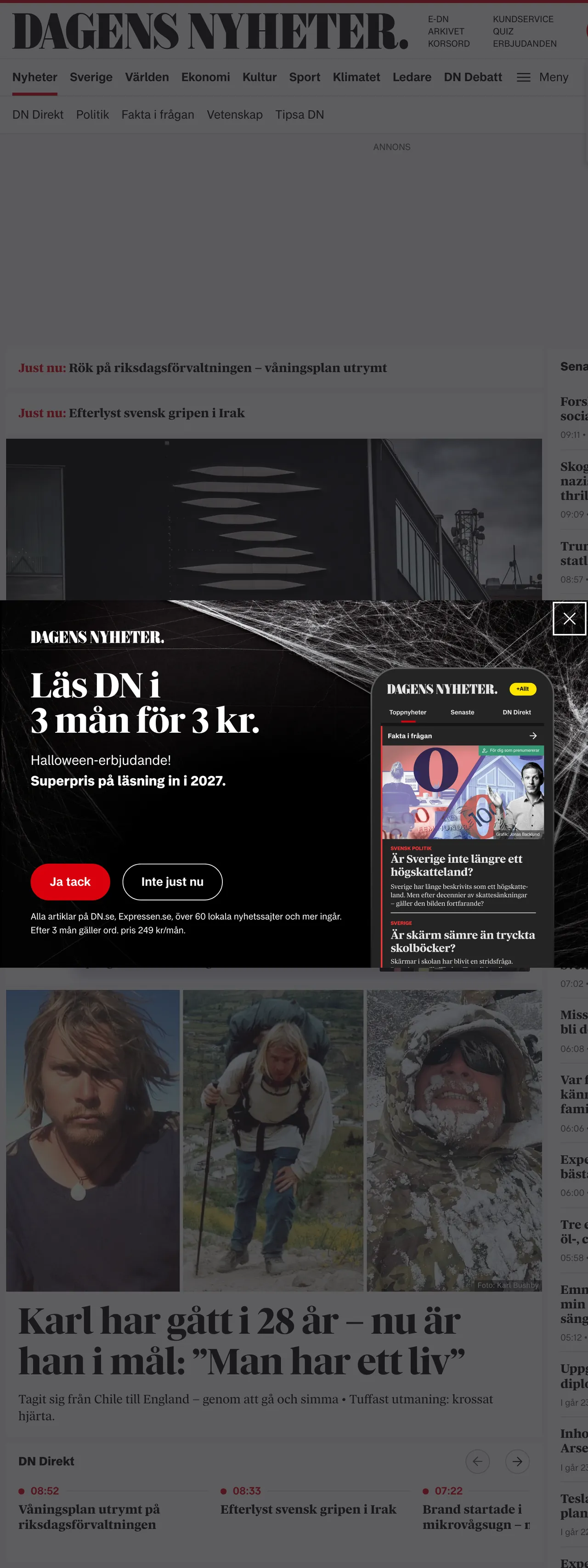Screenshot of the Dagens Nyheter front page